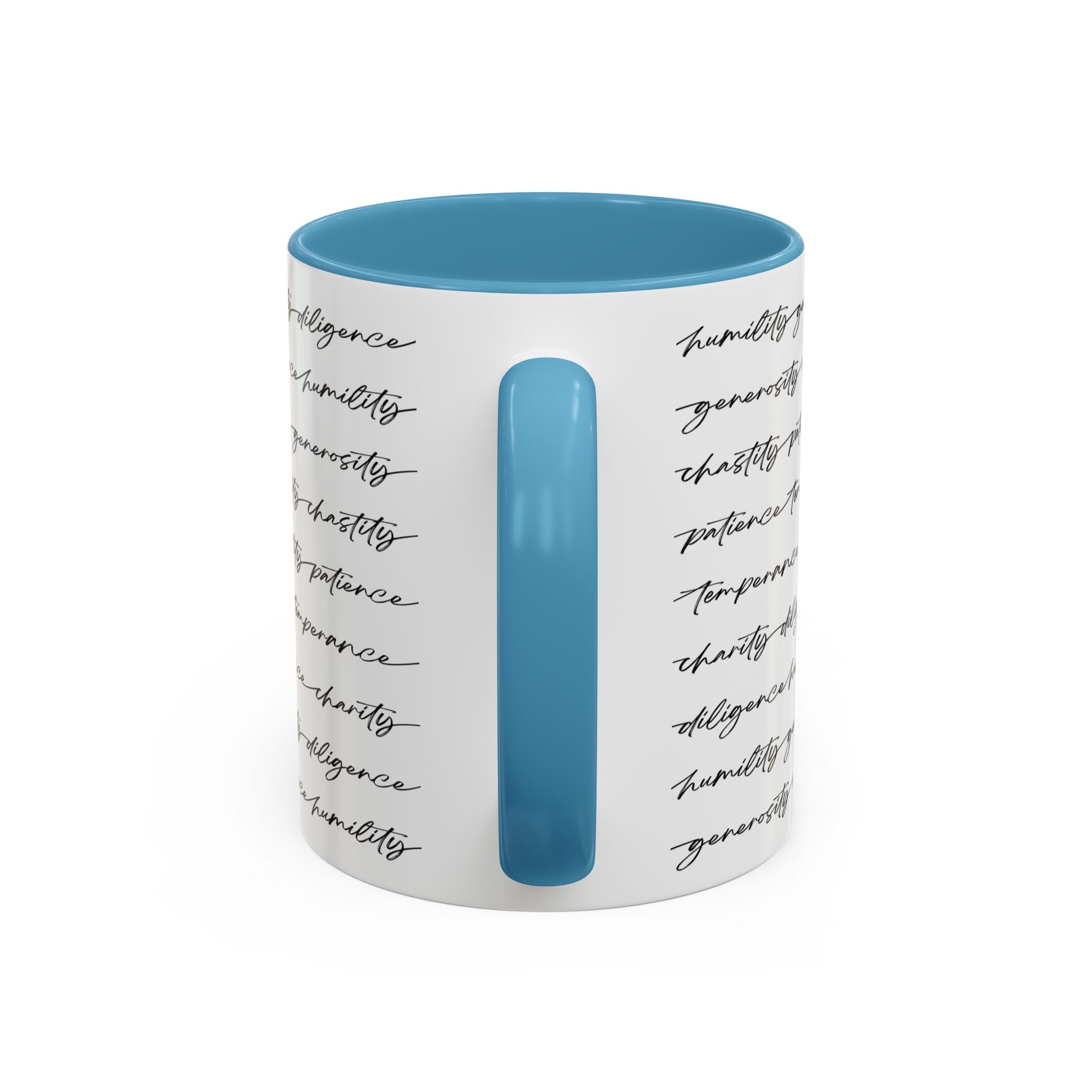 Back handle view of a white mug with the seven virtues scripted along the outside, with blue interior and handle on a white background