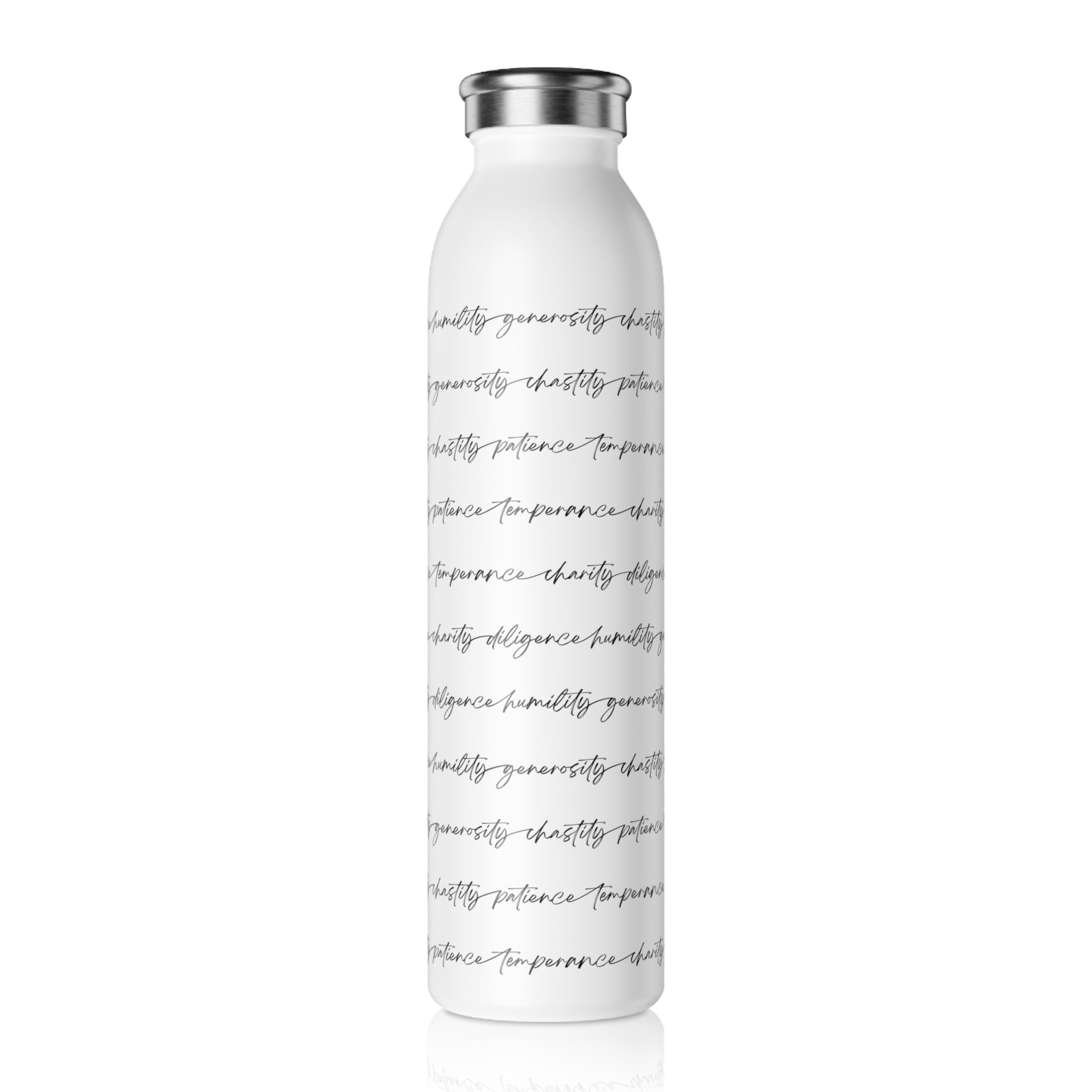 Left side of white water bottle with black text on a white background