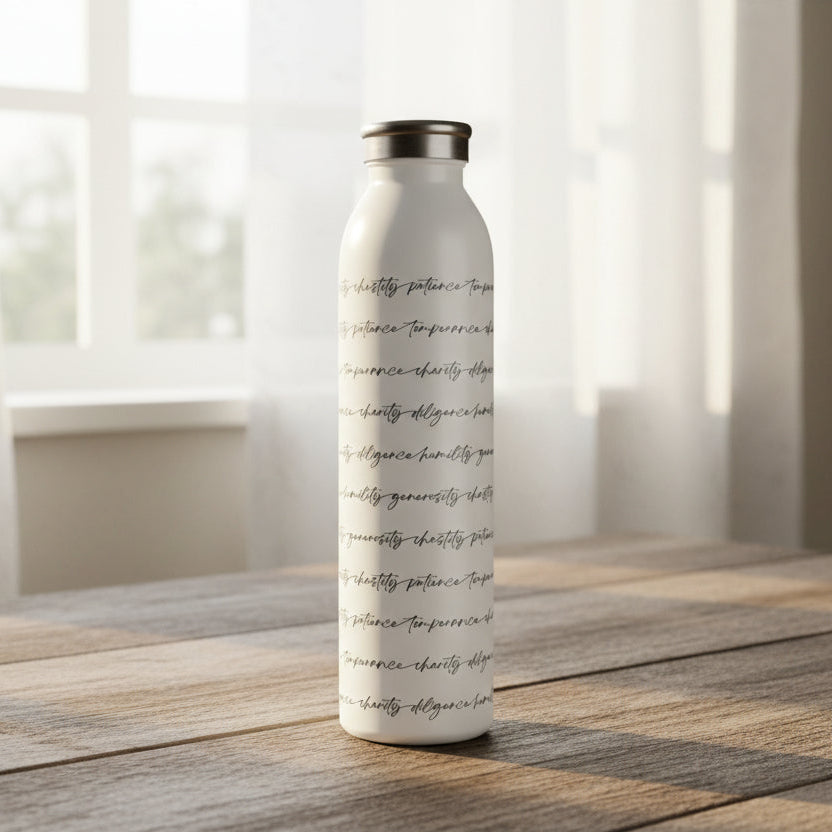 White water bottle with black scripted text on a table next to a window with translucent curtains