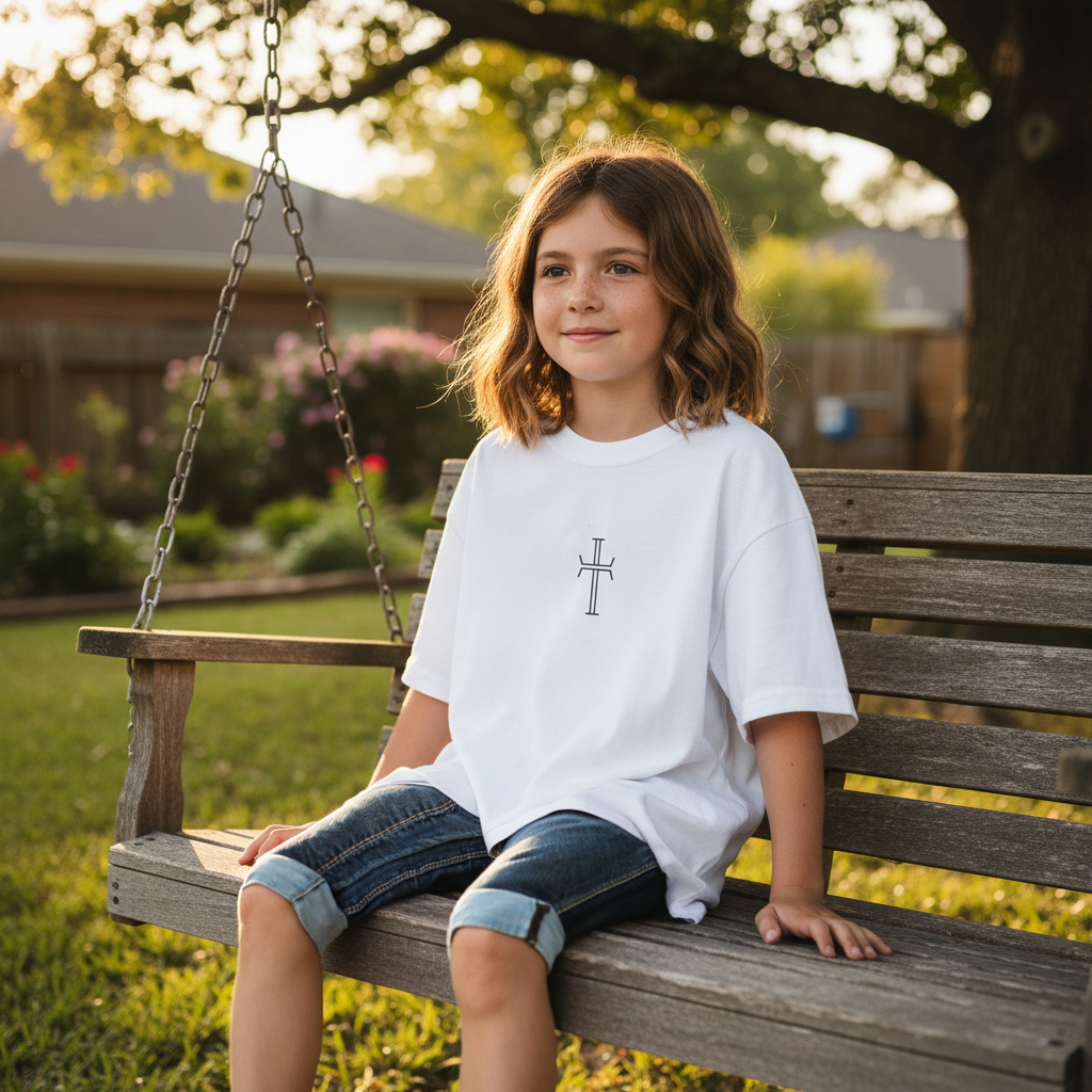 Young girl with a white t-shirt with a black logo cross, sitting on a wooden swing in a garden