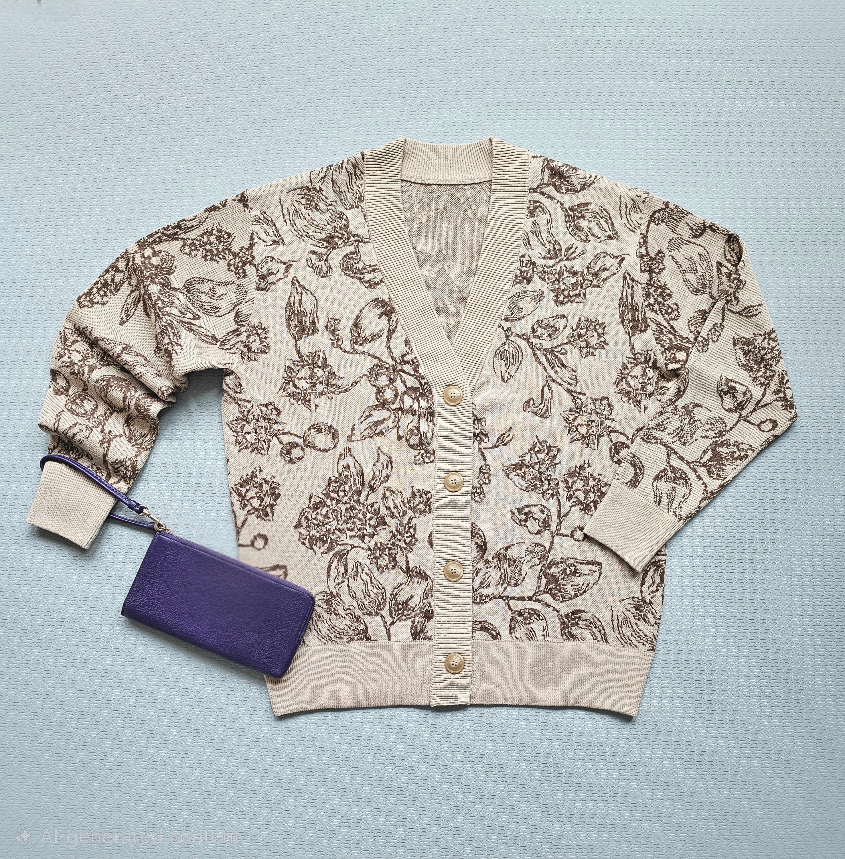 Floral-patterned cardigan with a purple clutch on a light gray background