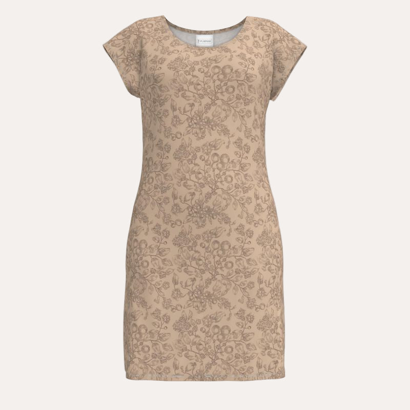 Beige floral patterned dress on a white background