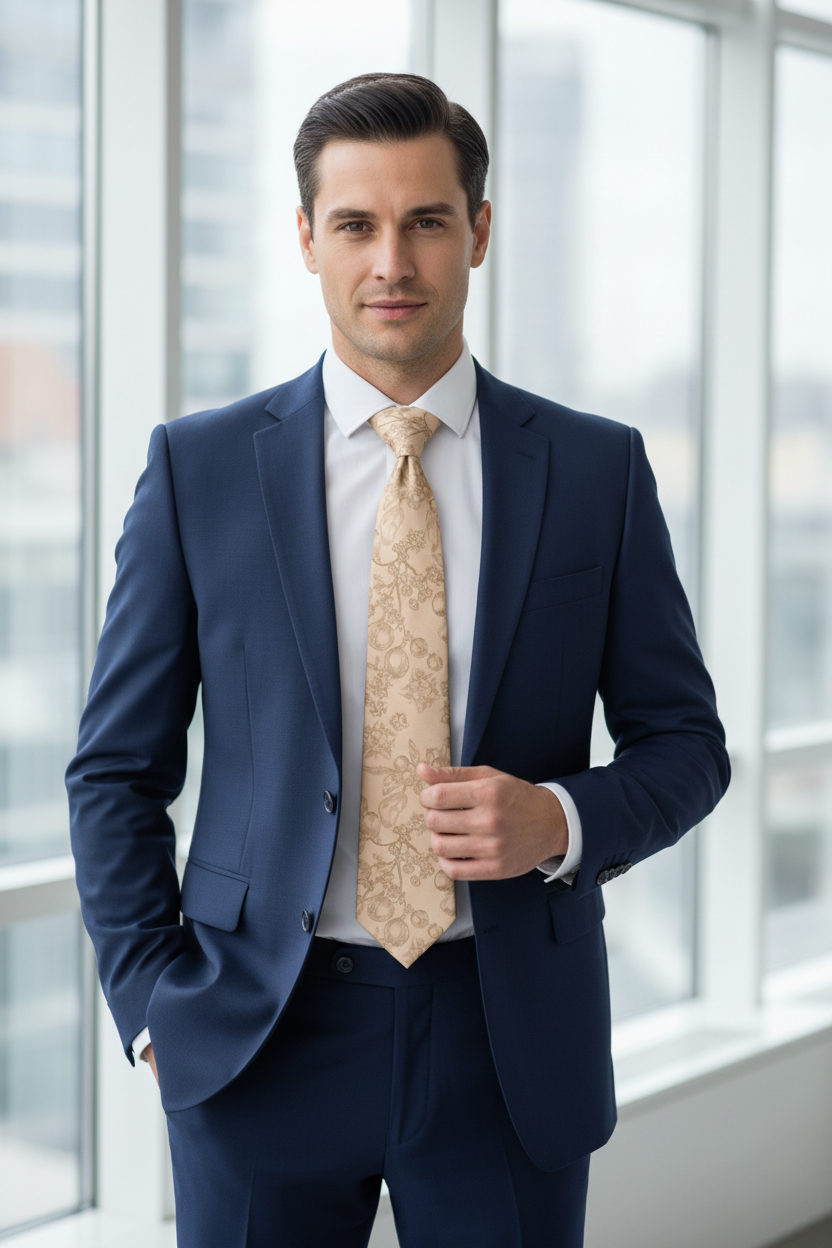 Front view of a man in a navy suit wearing a Christian themed, standard-sized, knotted neck tie in beige, with dark brown all-over plant print, displayed against a white background.