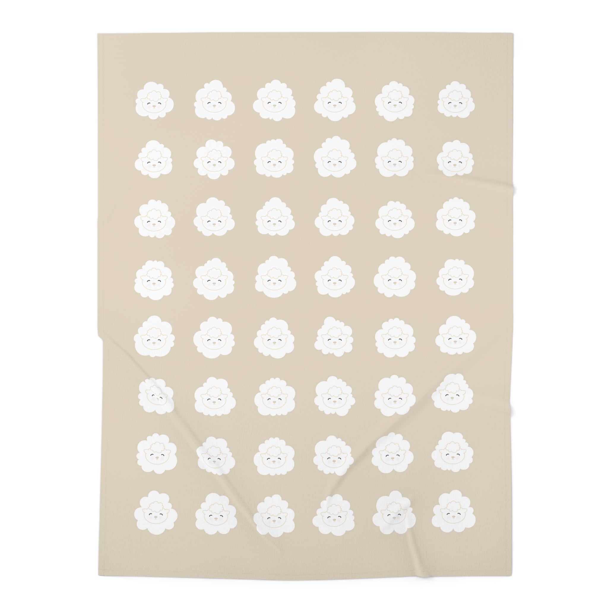 An overhead view of the beige swaddle blanket with an all-over, white, lamb-face pattern in even rows.