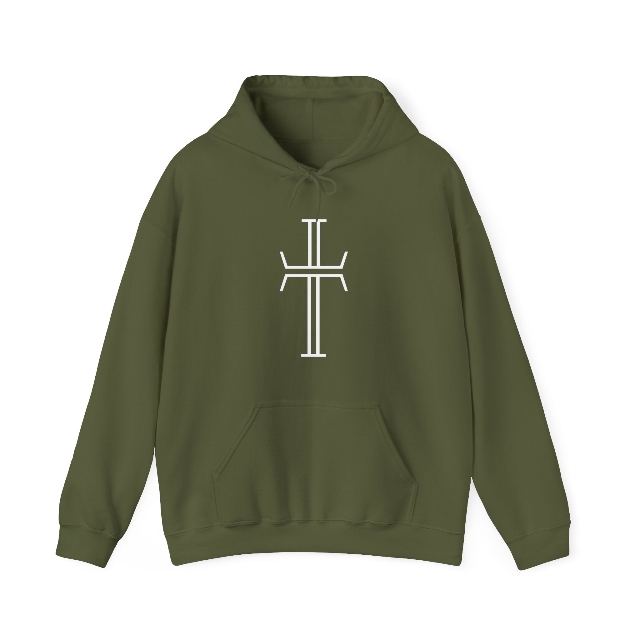 An army green hoodie with a kangaroo pocket, lays against a white background, showing the front of the garment with the bold white Purpose cross logo across the chest.