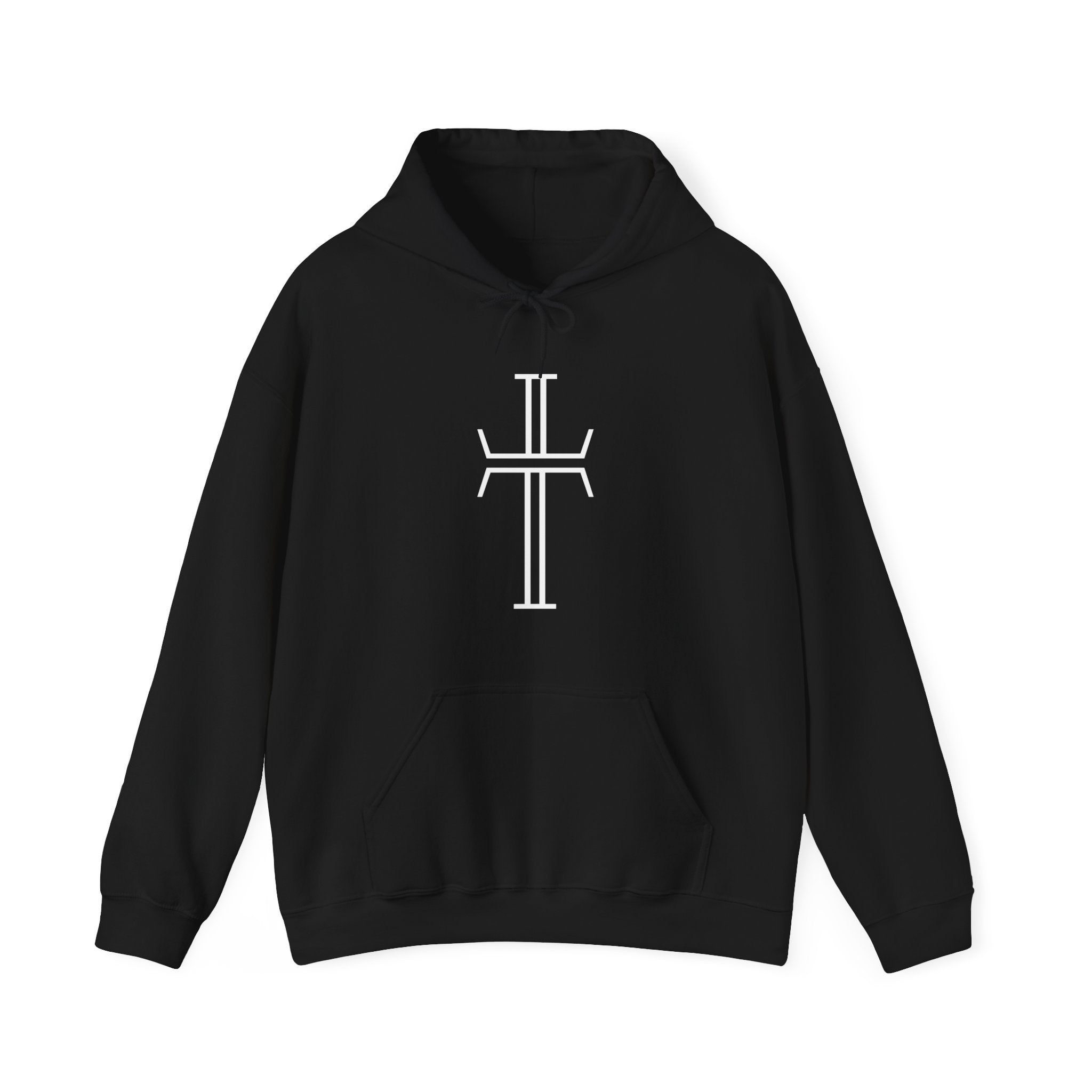 A black hoodie with a kangaroo pocket, lays against a white background, showing the front of the garment with the bold white Purpose cross logo across the chest.