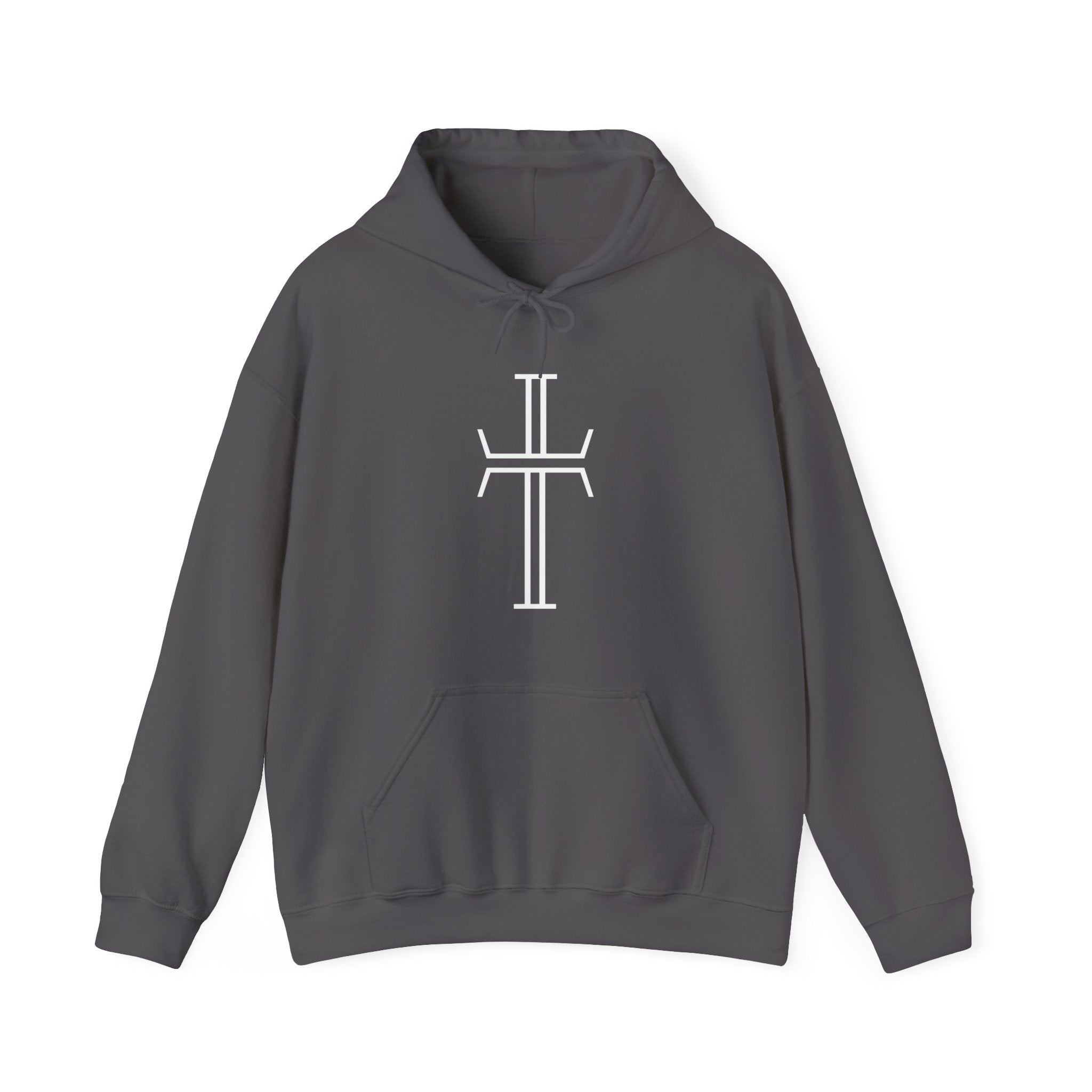 A gray hoodie with a kangaroo pocket, lays against a white background, showing the front of the garment with the bold white Purpose cross logo across the chest