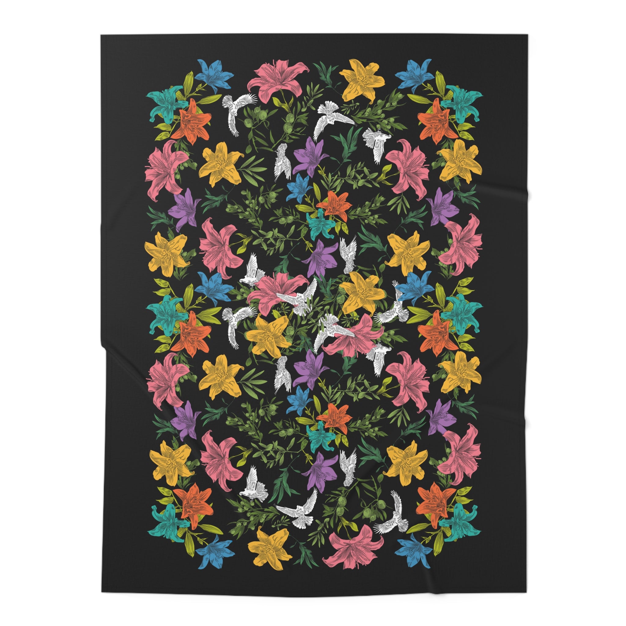 An overhead view of a black swaddle blanket with an all-over, multi-colored pattern of doves, flowers, and olive branches.