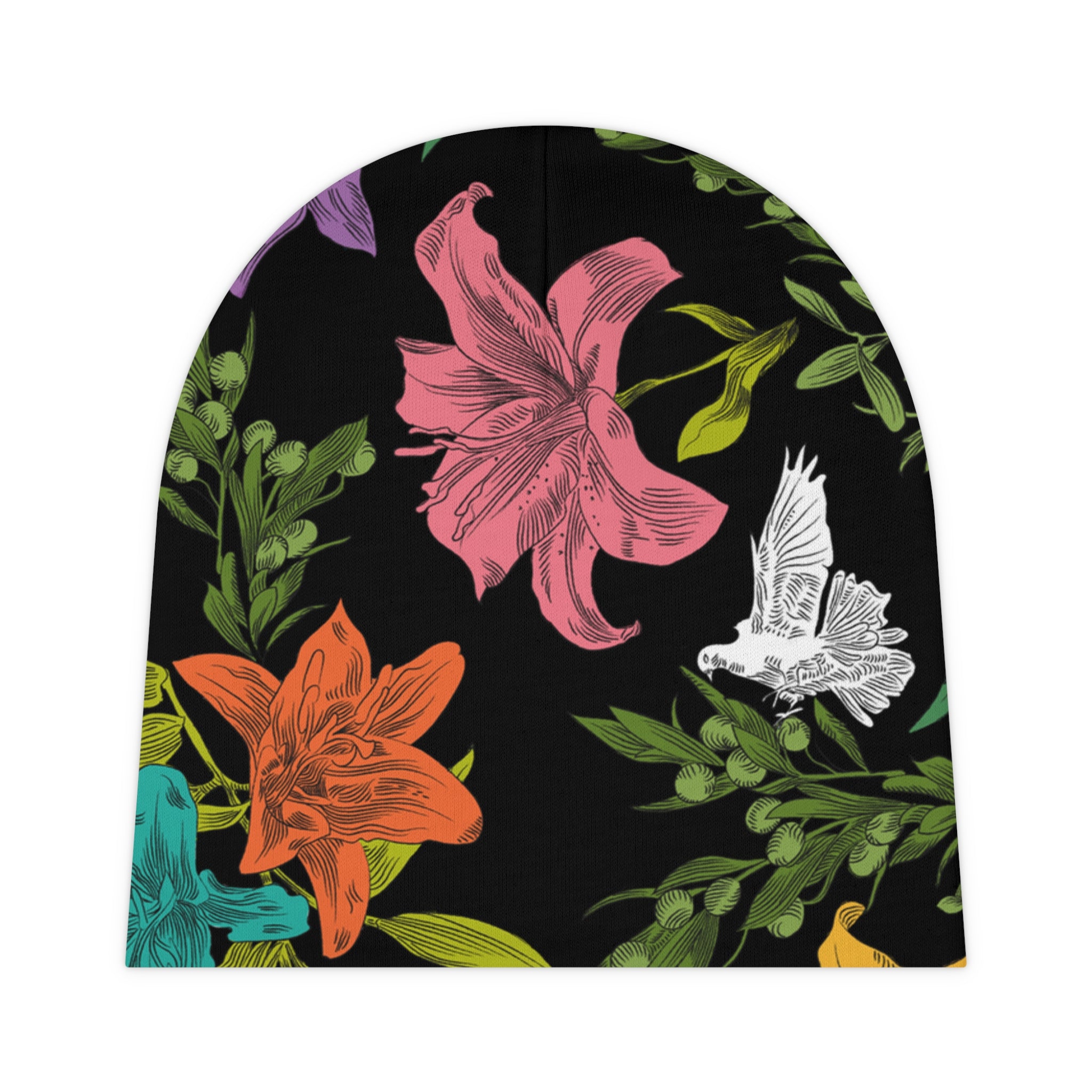 A black, knit, baby beanie with multi-colored, all-over print of doves, flowers, and olive branches, without a folded brim.