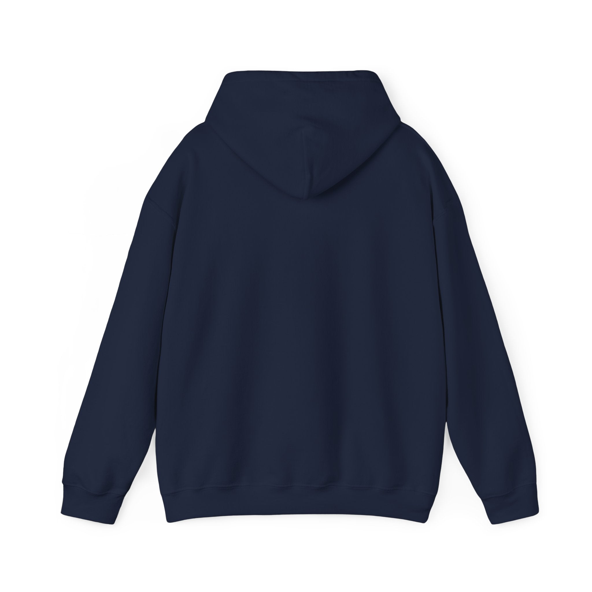 The back view of the navy hoodie against a white background, showing the garment without print or decoration on the back.