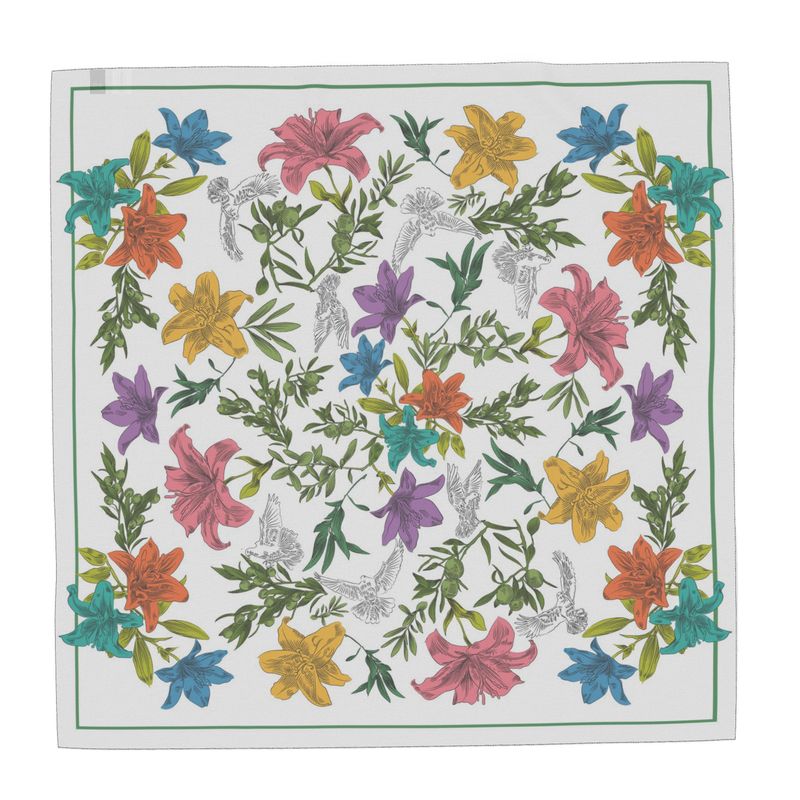 Colorful floral and dove pattern on a white background
