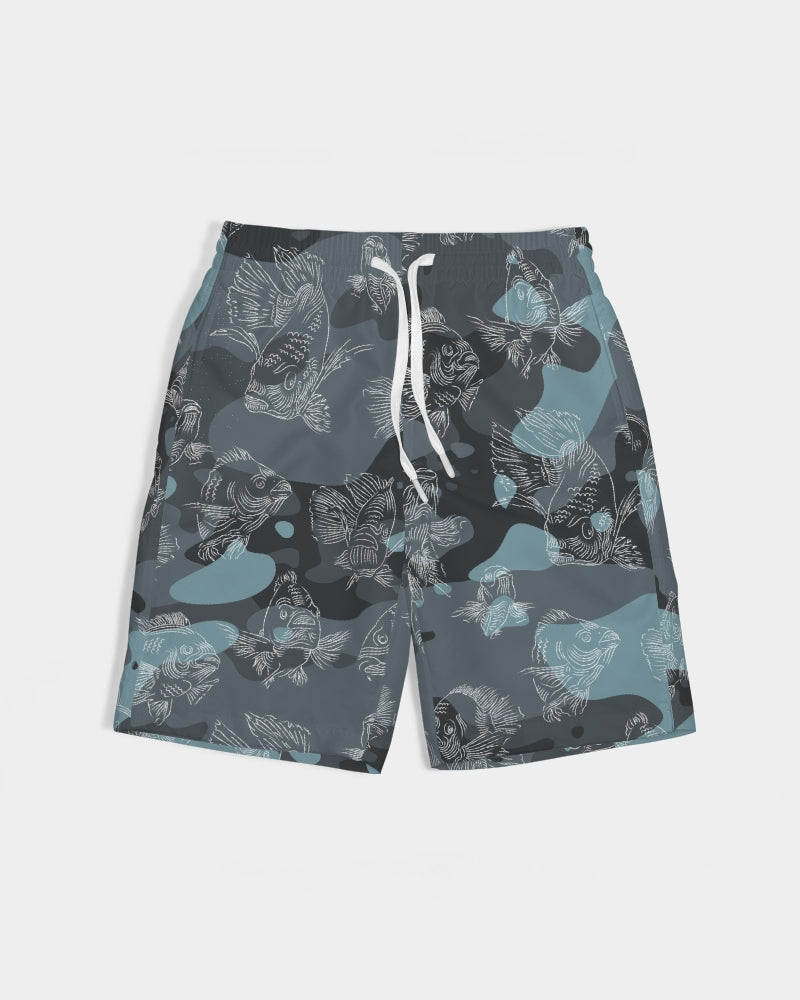 Blue-camo board shorts with a white swimming carp all-over print pattern with white external ties and elastic waistband, lays against a white background.