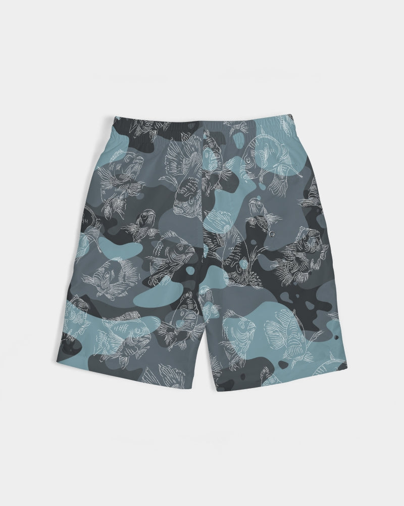 Back angle of blue-camo board shorts with a white swimming carp all-over print pattern with an elastic waistband, laying against a white background.