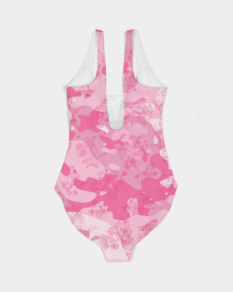 Back view of a one-piece swimsuit laying flat against a white background. The suit has pink-camo pattern with dark pink line drawing of realistic swimming fish in an all-over print.