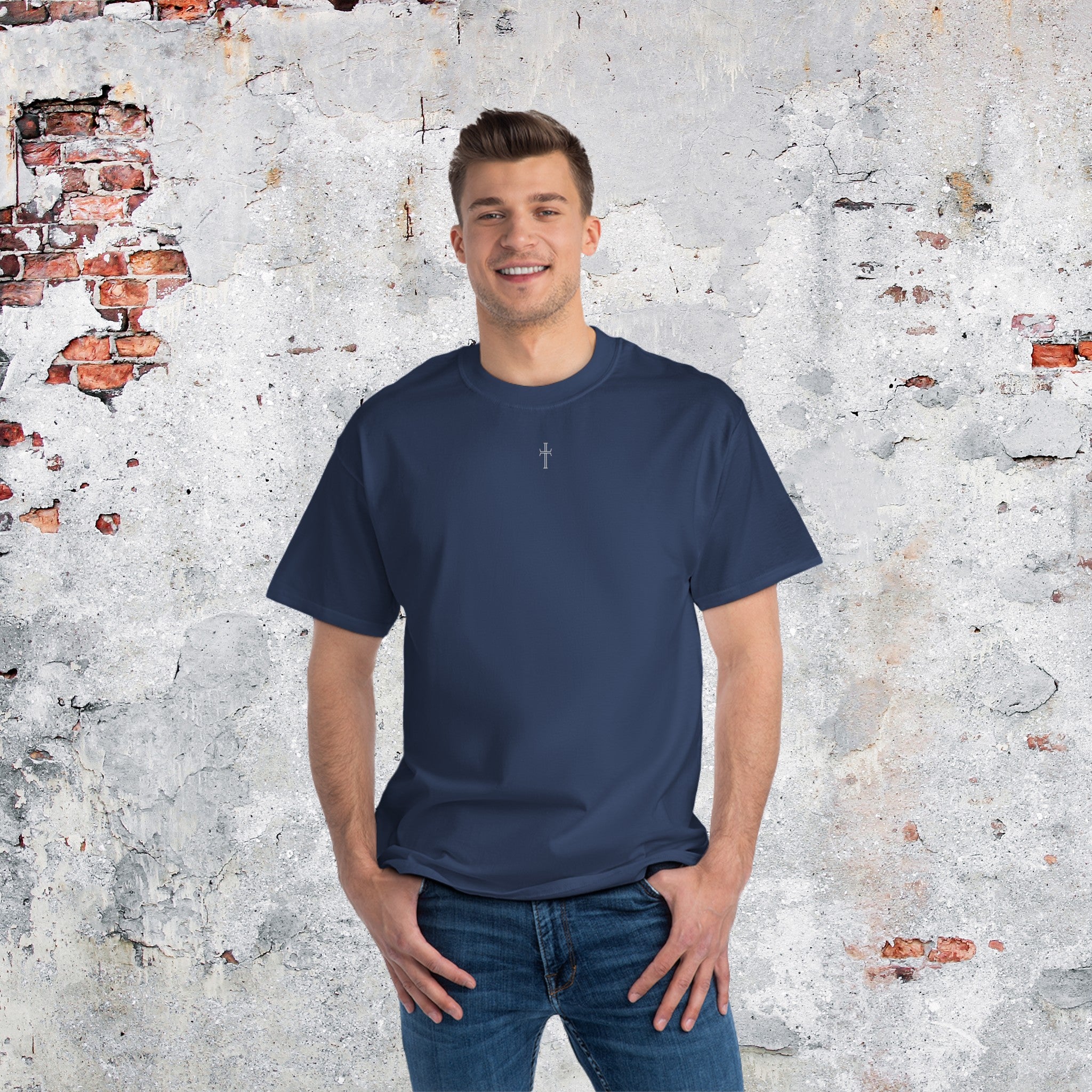 A man in a christian t-shirt