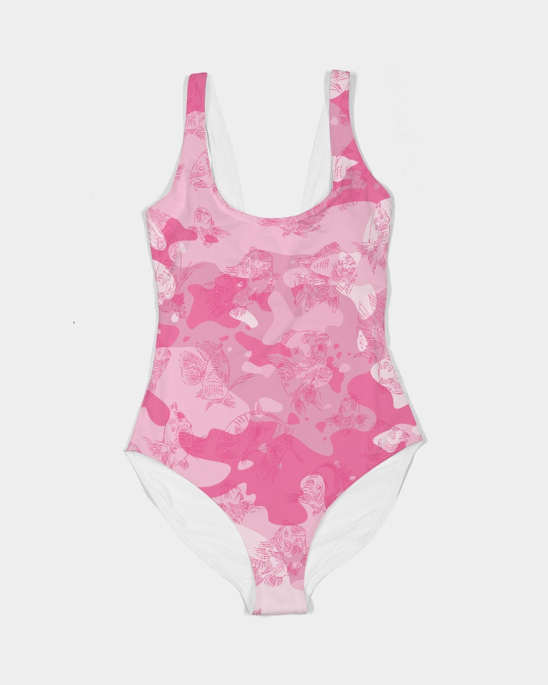 Front view of a one-piece swimsuit laying flat against a white background. The suit has pink-camo pattern with dark pink line drawing of realistic swimming fish in an all-over print.