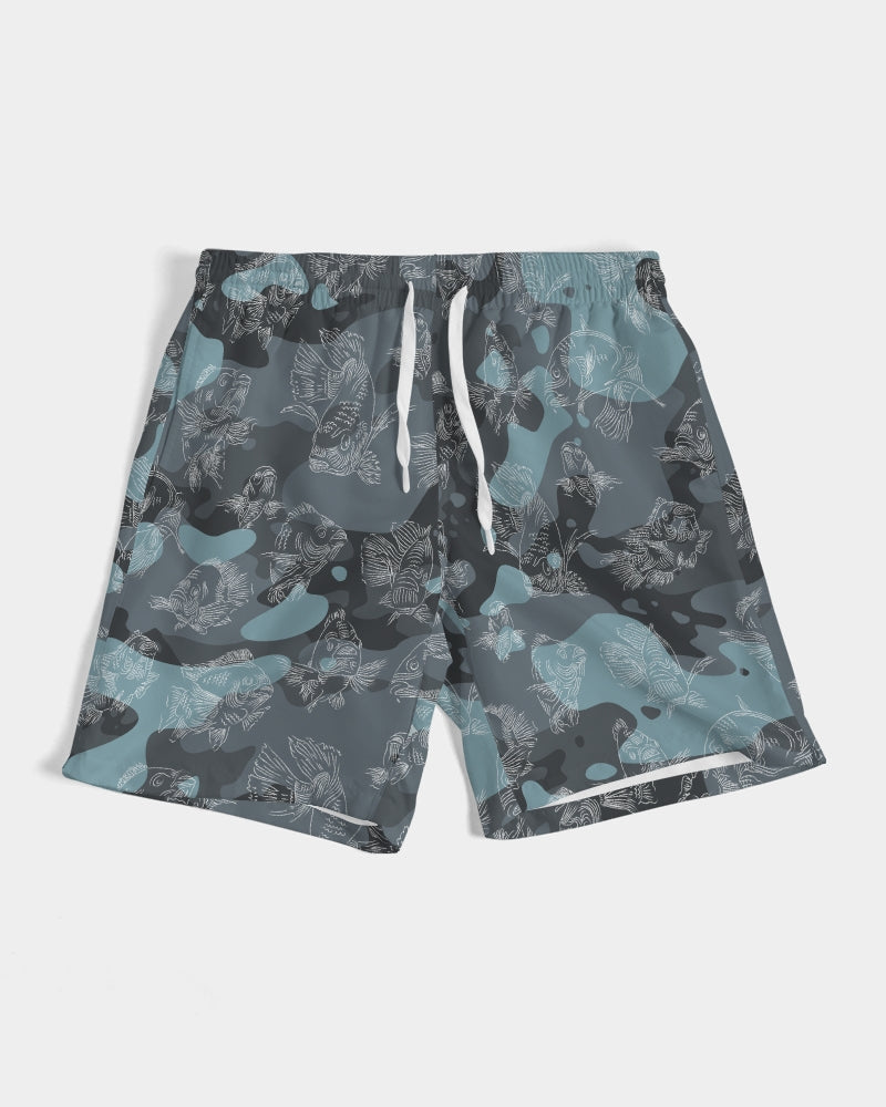 The front view of a pair of blue camo board shorts with an all-over swimming carp print in white, lay flat against a white background. The shorts have a white exterior drawstring.