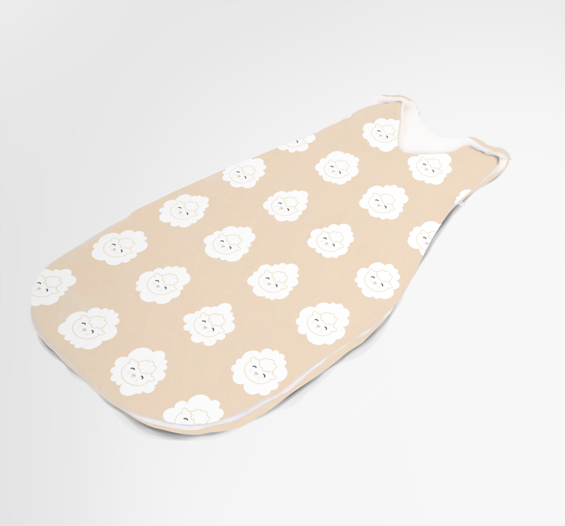 A beige baby sleep sack with white, fluffy interior, two single-snap straps, and an all-over lamb print pattern.