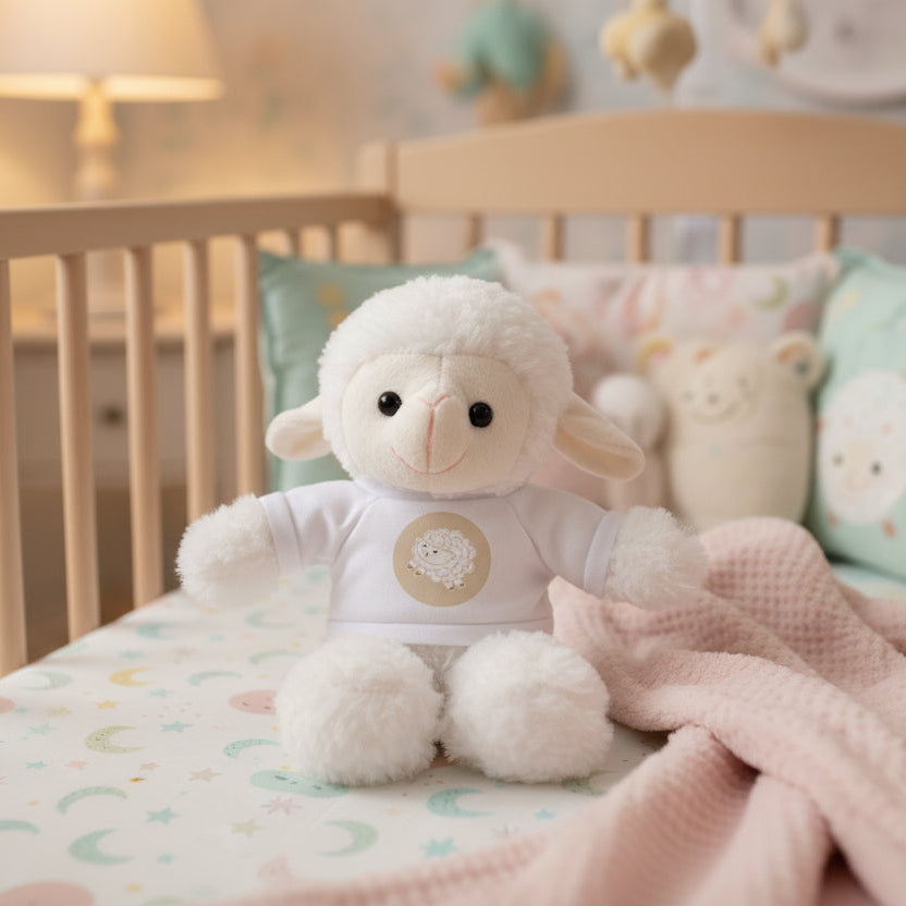 White plush lamb toy with a lamb on its te-shirt in a crib setting