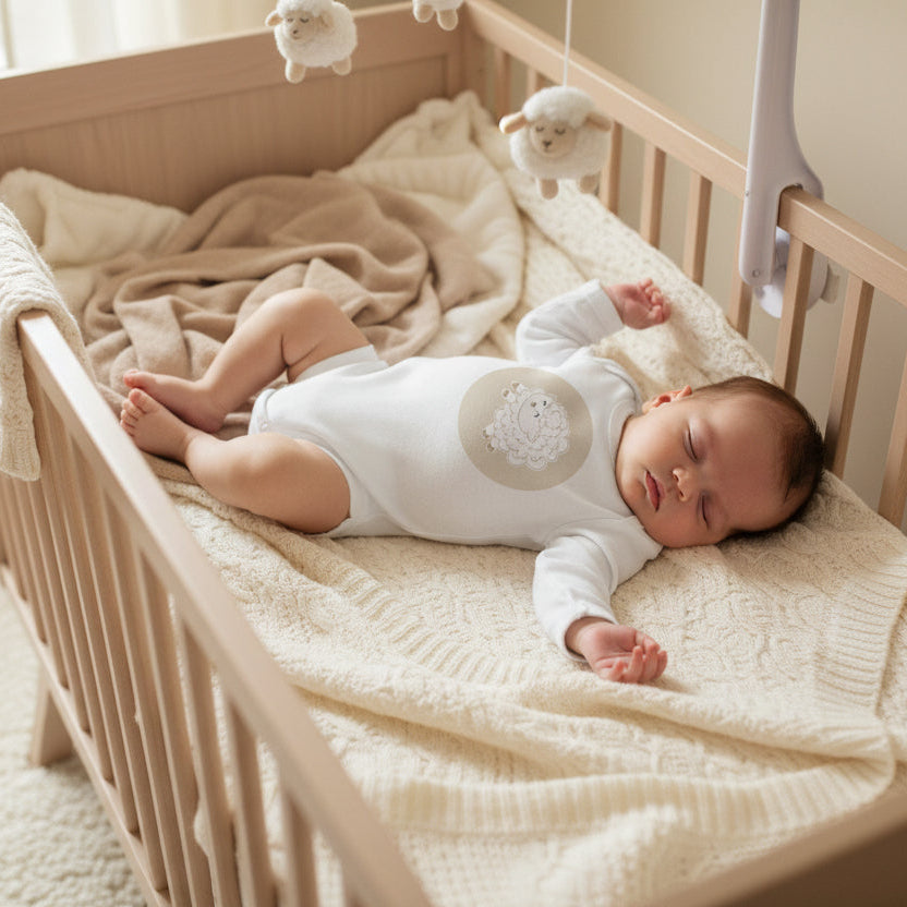 Baby sleeping in a crib wearing a white long-sleeved onesie with a lamb graphic on the chest in a neutral colored nursery and lamb mobile.