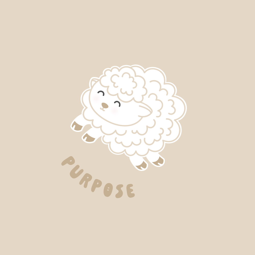 Image of a baby lamb leaping over the word PURPOSE against a beige background