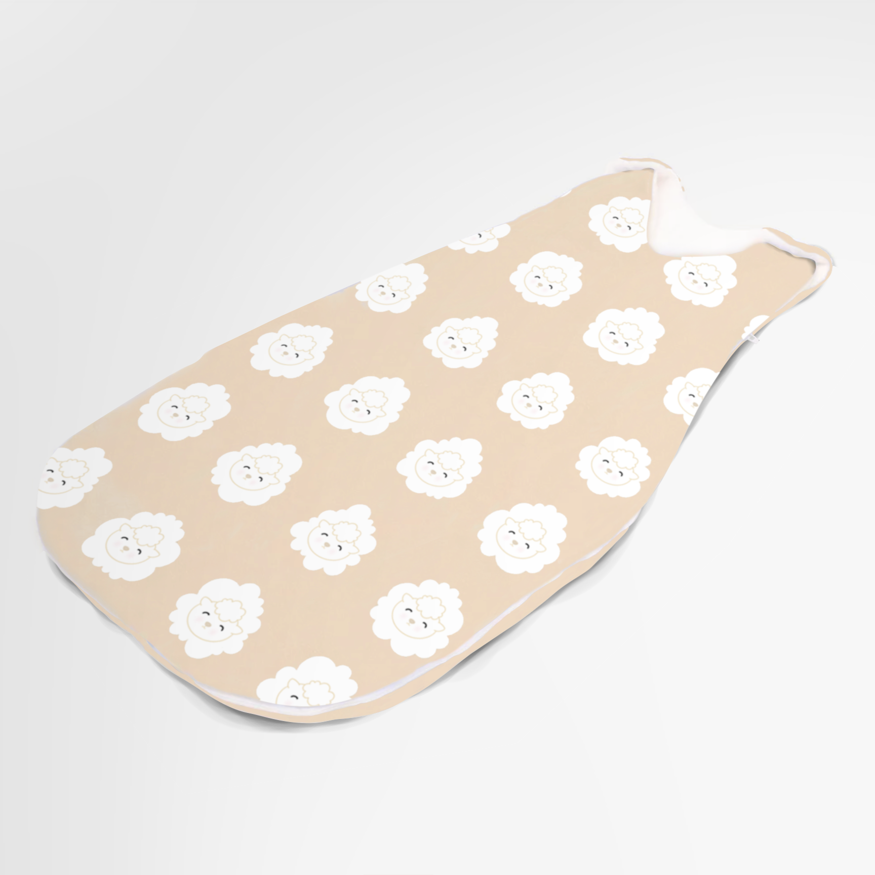 A beige baby sleep sack with white, fluffy interior, two single-snap straps, and an all-over lamb print pattern.