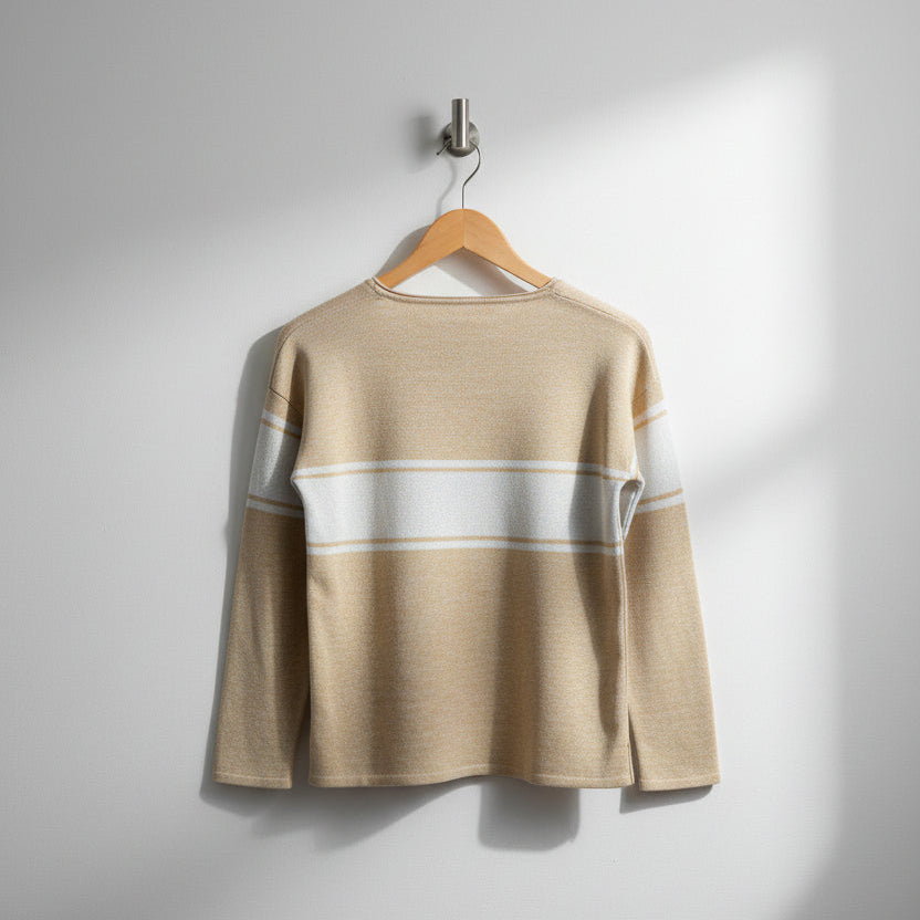 The back of the beige, straight hemmed sweater with plain cuffs and rolled neck is displayed against a white background. The two narrow white stripes and wide stipe in the center is continued onto the upper back and upper arms.