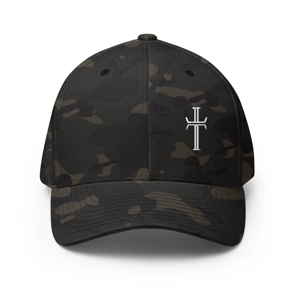 Black camouflage baseball cap with a white emblem on a white background