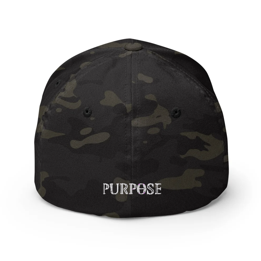 Black camouflage cap with 'PURPOSE' embroidery on a white background