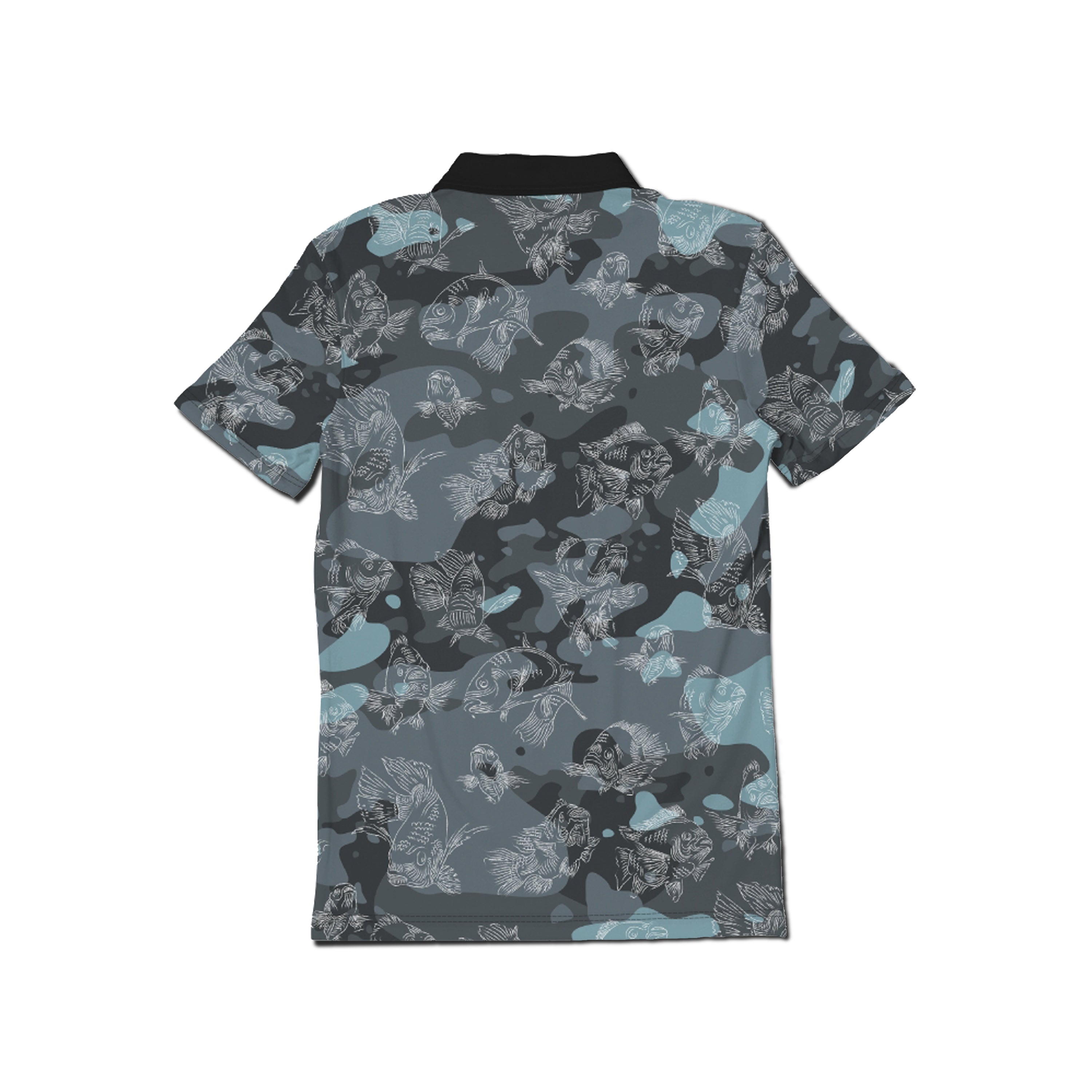 Back side of short-sleeve shirt with a blue camo pattern with line art of swimming carp laying flat against a white background