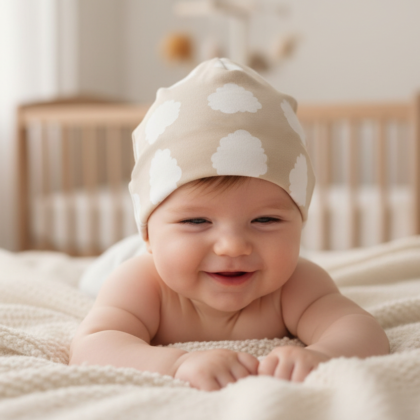 Baby wearing a beige hat with white cloud patterns, lying on a bed.