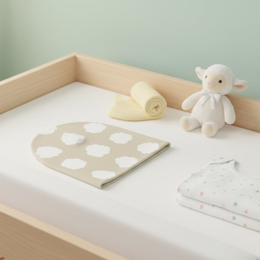 Beige beanie with white cloud patterns on changing table in a neutral-colored nursery
