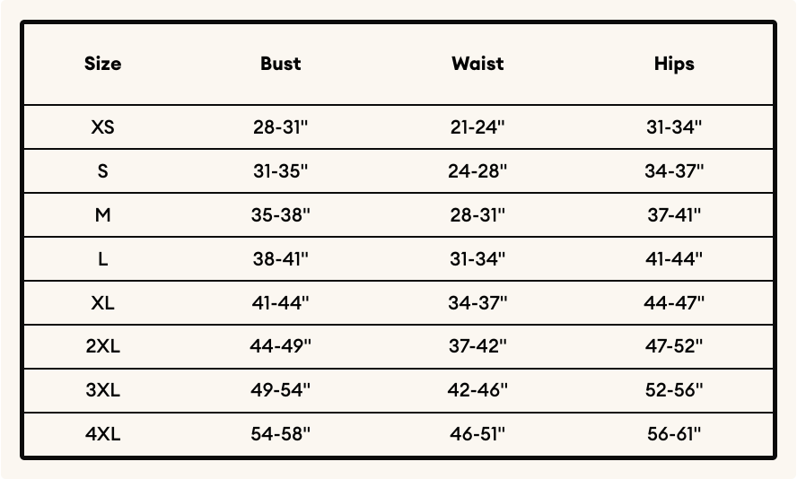 Size chart for clothing with measurements in inches
