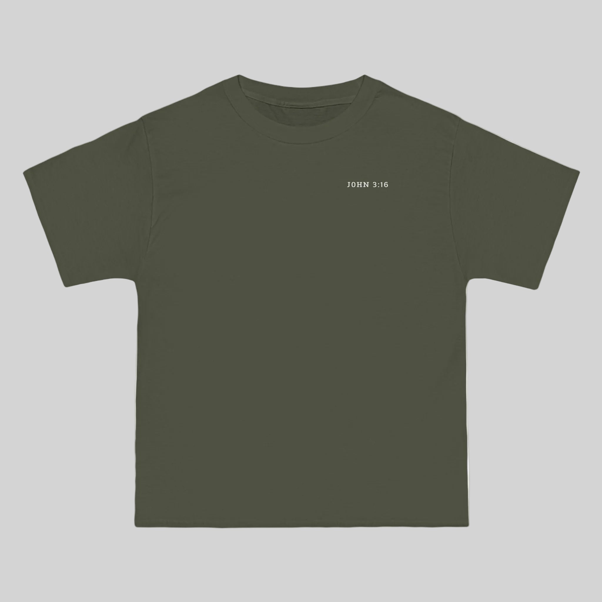 Front of Fatigue Green t-shirt with 'John 3:16' Bible verse on a gray background
