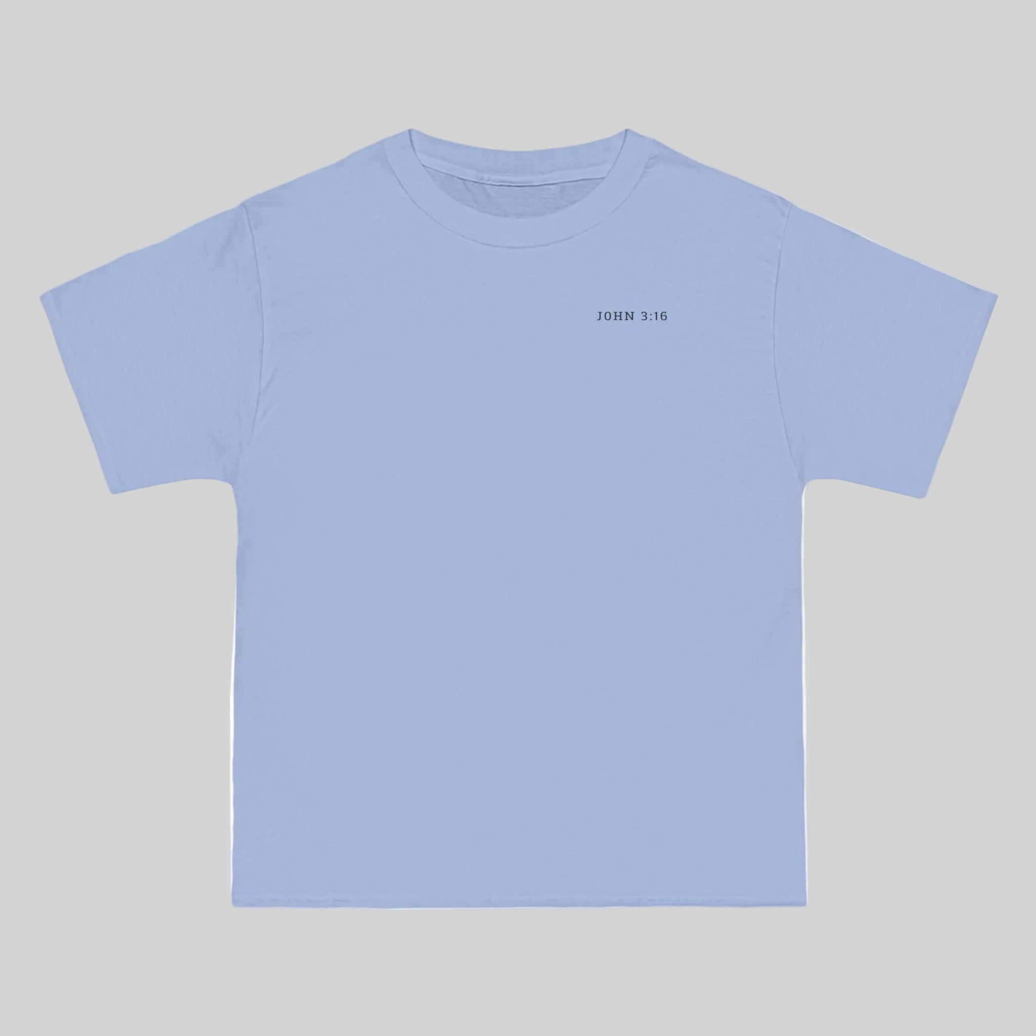 Light blue t-shirt with 'John 3:16' bible verse on the left chest against a gray background