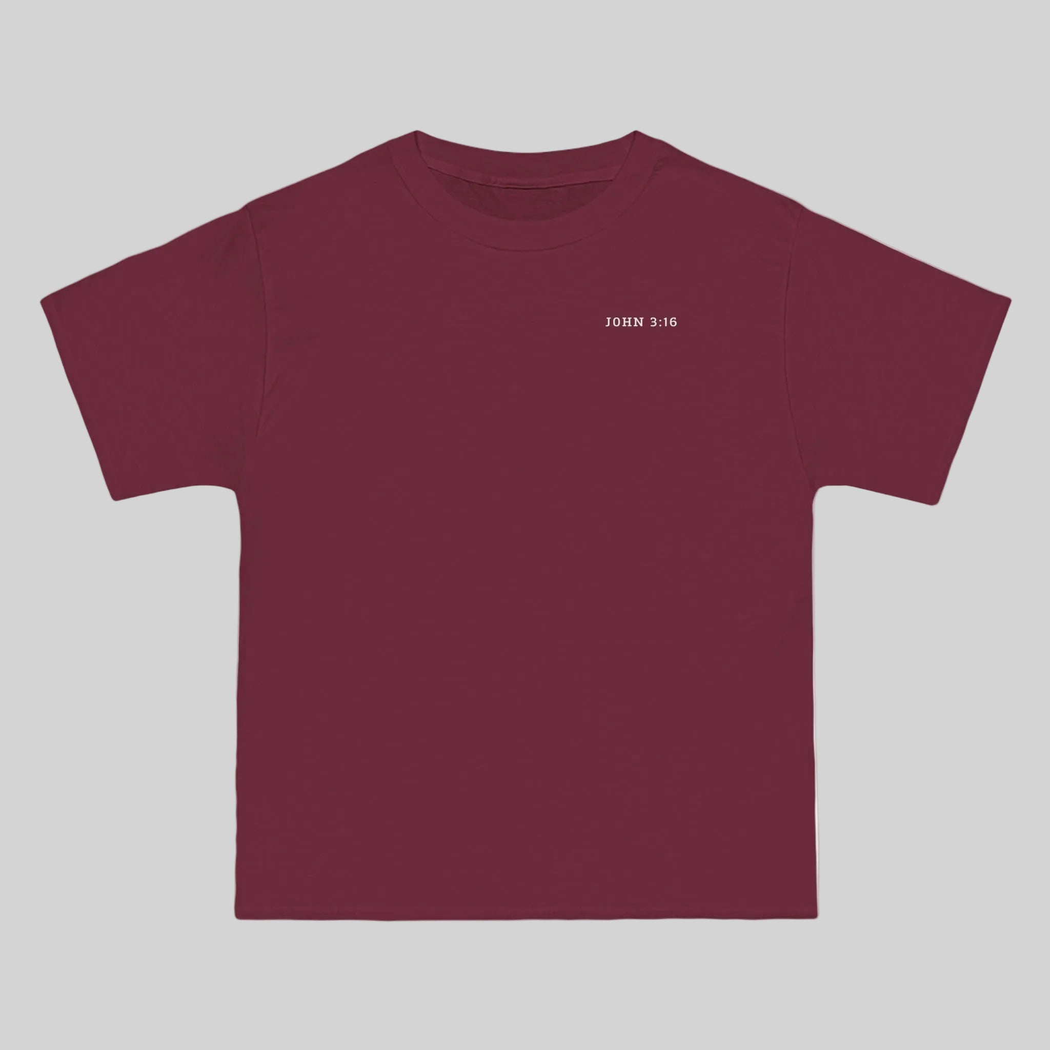 Maroon t-shirt with 'John 3:16' bible verse on the left chest against a white background