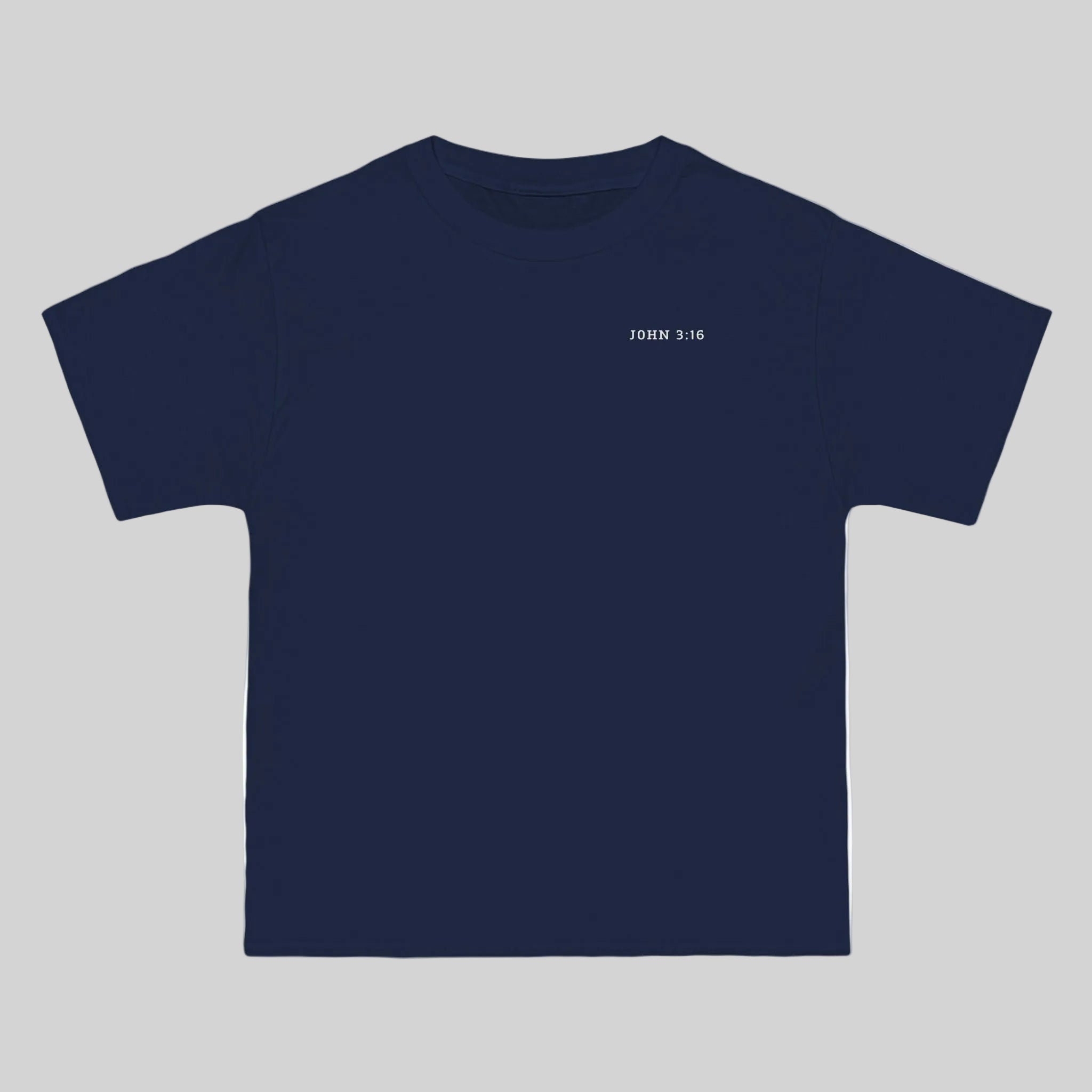 Navy blue t-shirt with 'John 3:16' bible verse on the left chest against a gray background