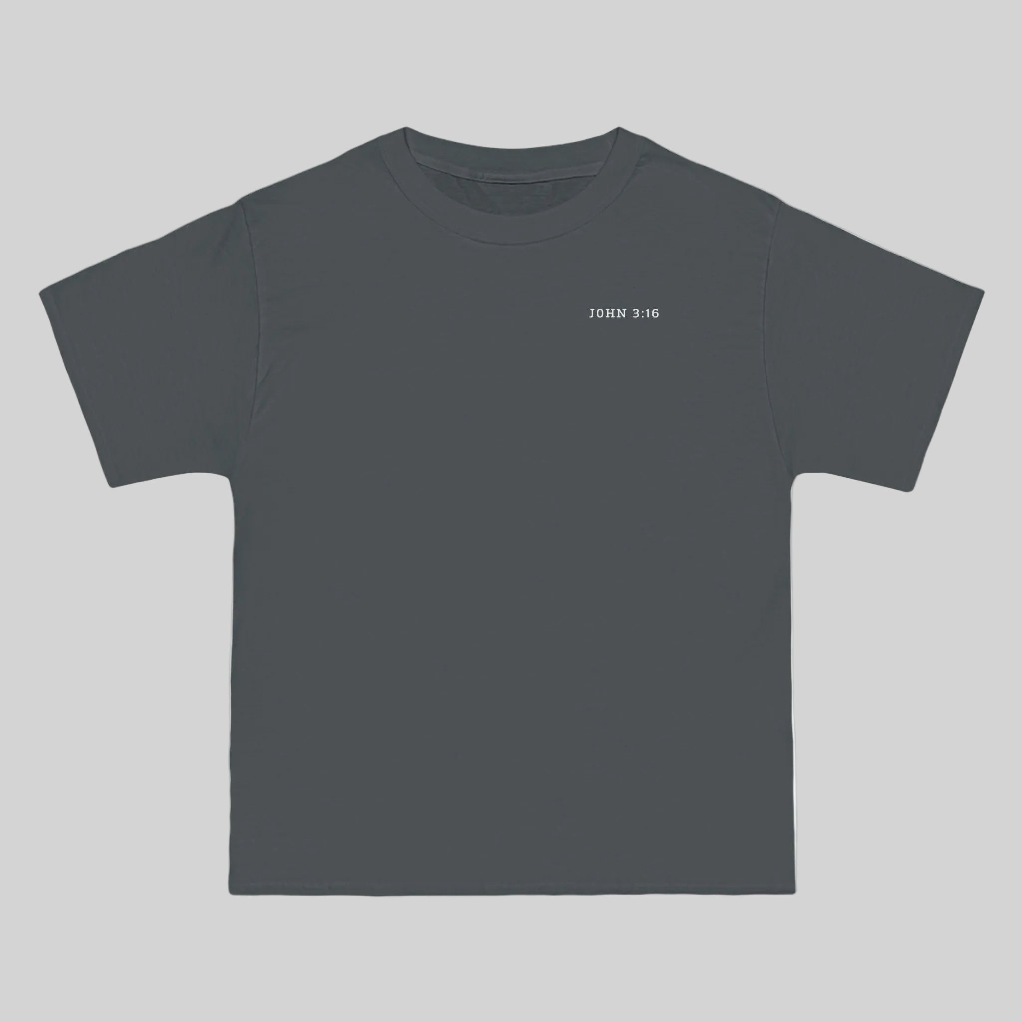 Smoke gray t-shirt with 'John 3:16' on the left chest on a gray background