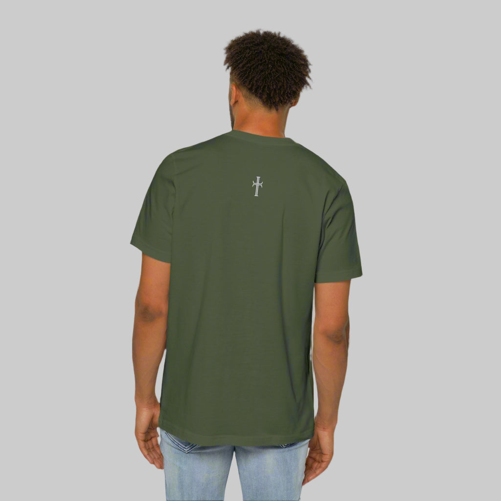The back side of a male model wearing blue jeans and a gray tee shirt with the Purpose cross logo in white on the top back center of the garment.