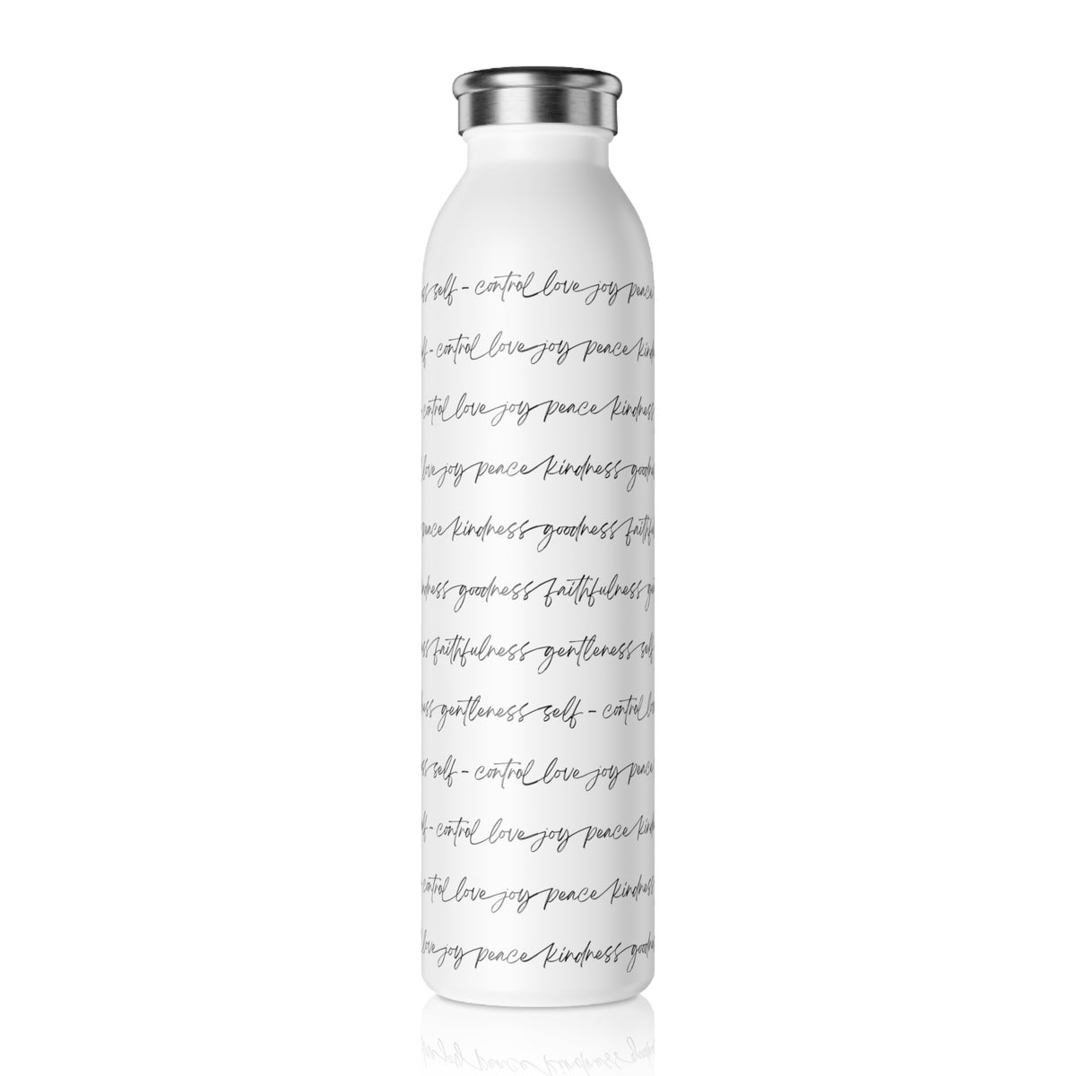 Back side of a white insulated water bottle with a silver cap, featuring the Fruits of the Spirit from Galatialns 5:22-23 repeated in a thin black script pattern across its surface, shown on a clean white background.