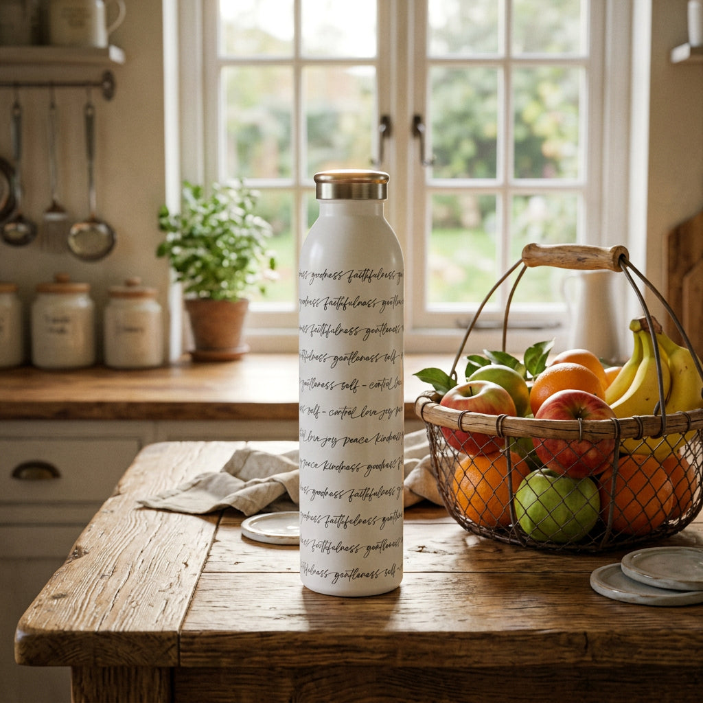 A white insulated water bottle with a silver cap, featuring the Fruits of the Spirit from Galatialns 5:22-23 repeated in a thin black script pattern across its surface, shown in a rustic kitchen on a wooden table next to a wire-basket of colorful fruits in front of a window showing a sunny summer day.