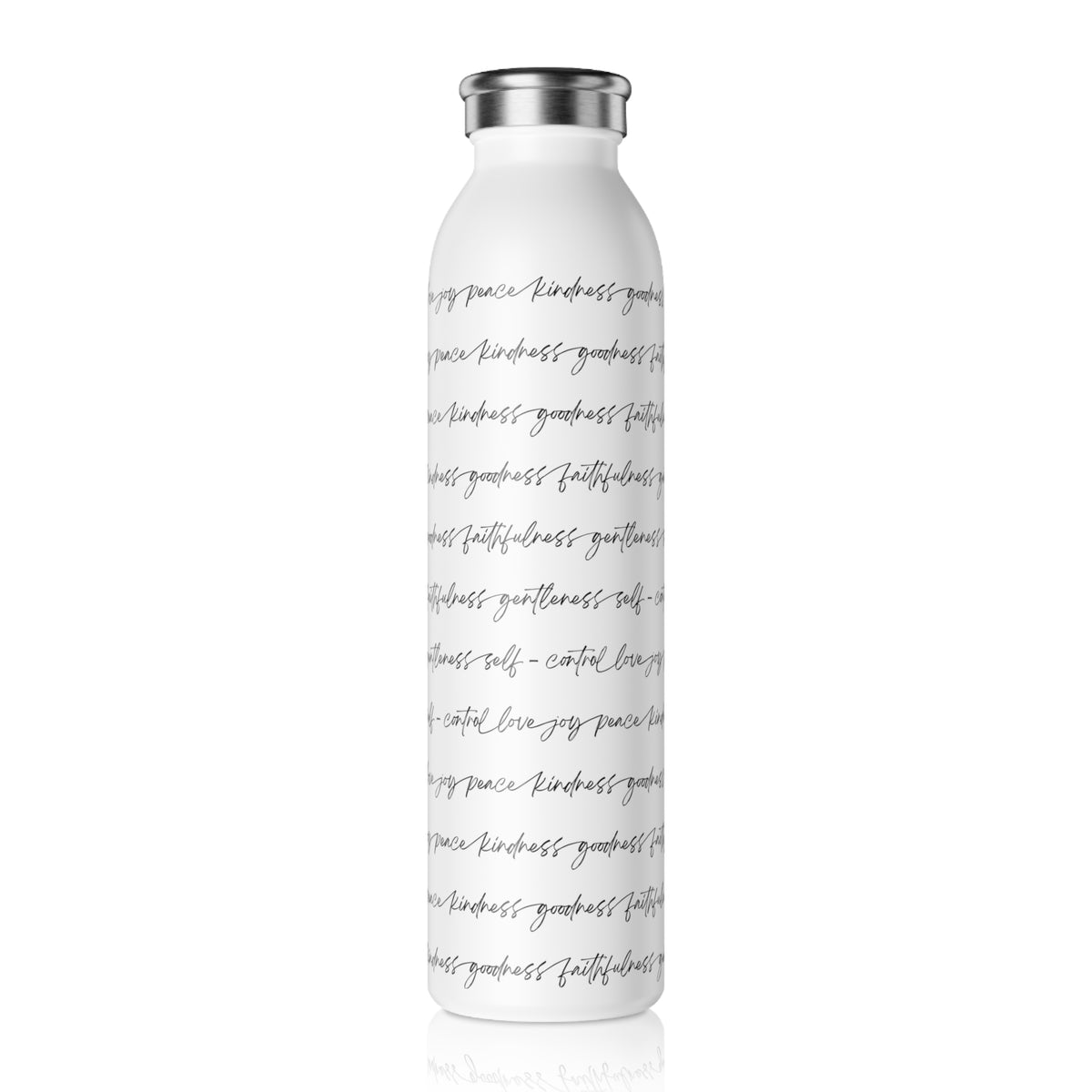 Right side of a white insulated water bottle with a silver cap, featuring the Fruits of the Spirit from Galatialns 5:22-23 repeated in a thin black script pattern across its surface, shown on a clean white background.