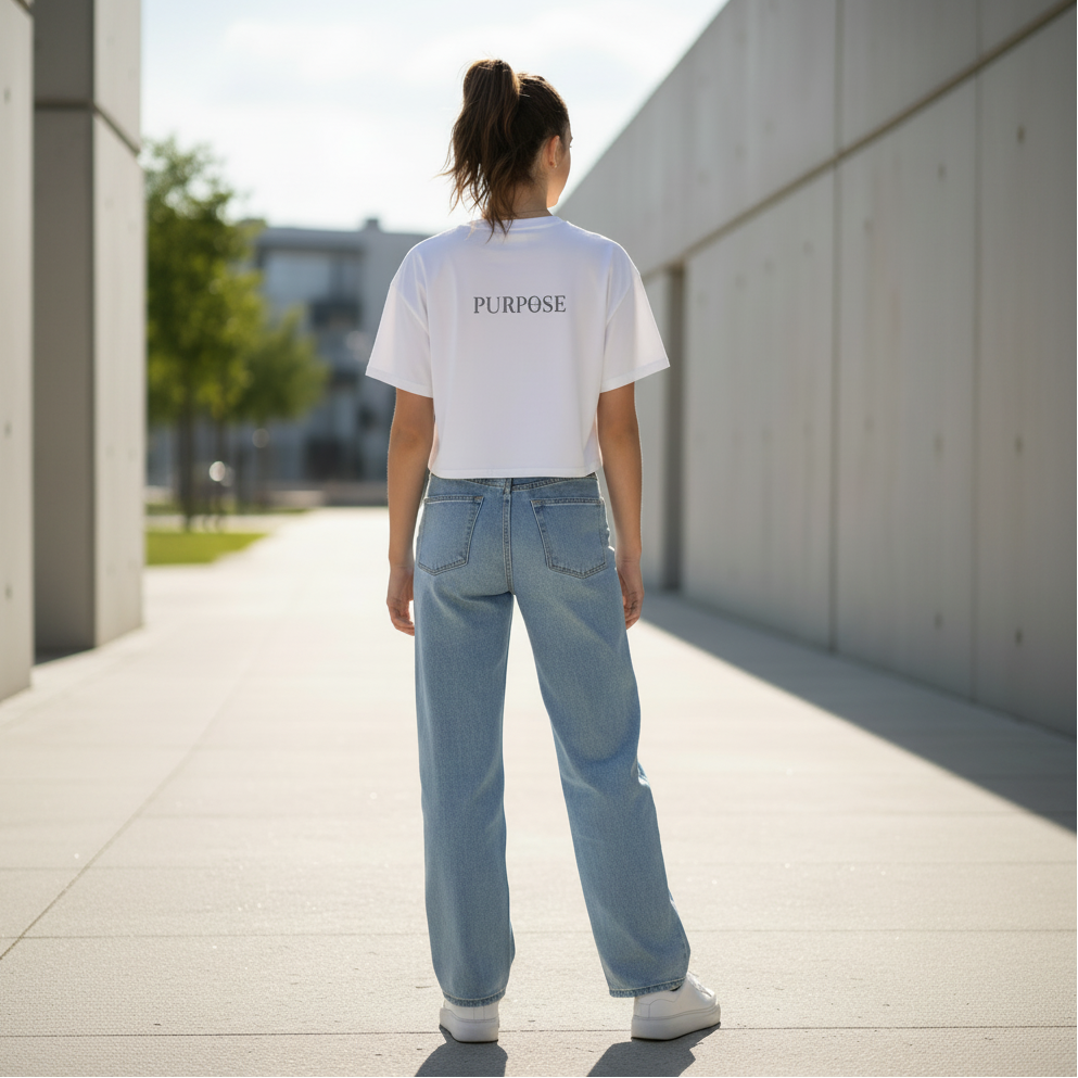 Back of teen girl wearing a white cropped t-shirt with the word PURPOSE written across the upper back, with wide-leg jeans and white sneakers in an outdoor campus setting.