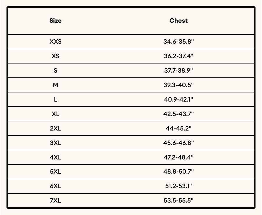 A size chart table showing sizes XXS through 7XL with corresponding chest measurements in inches on a light beige background with black text.
