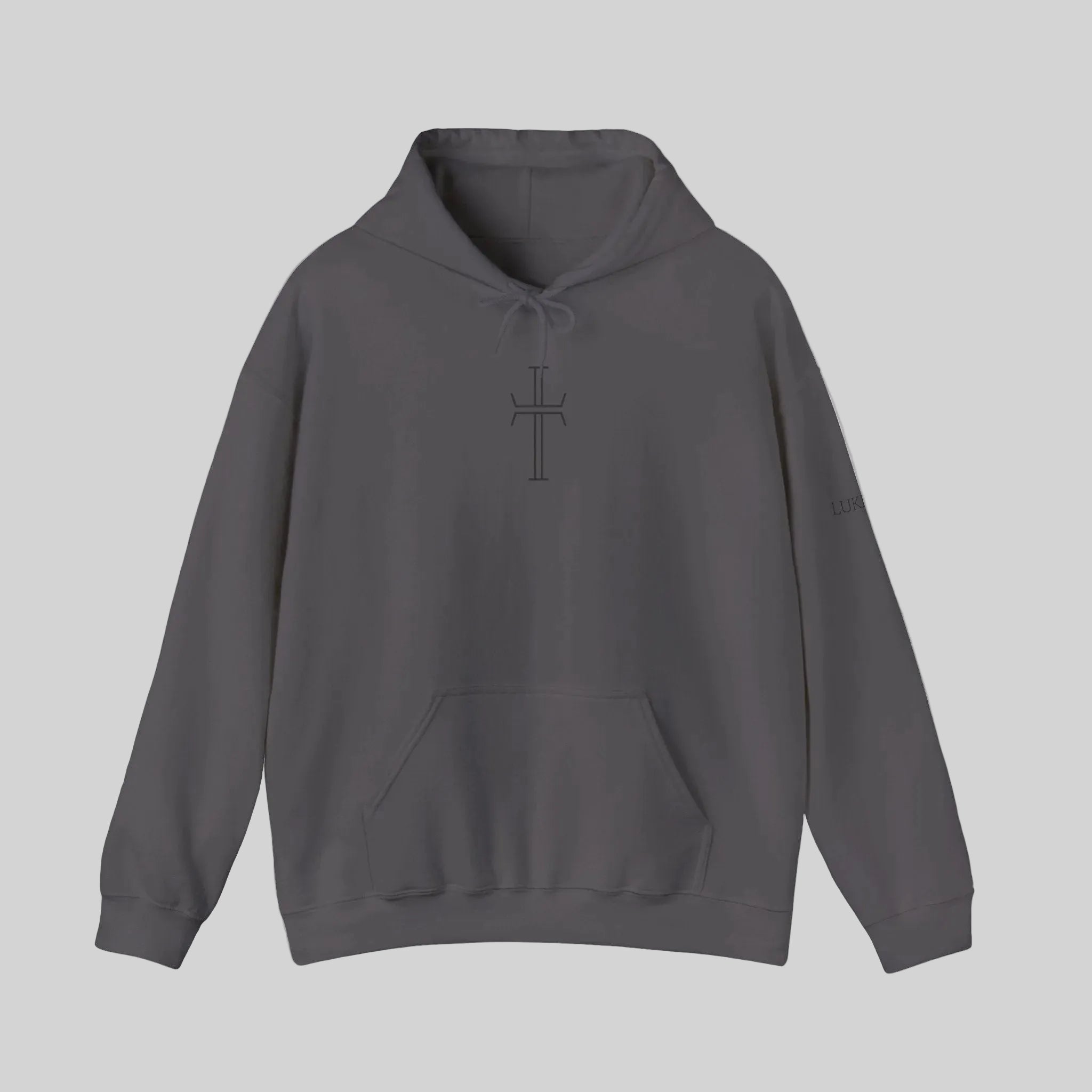 Dark gray hoodie with a black cross against a white background