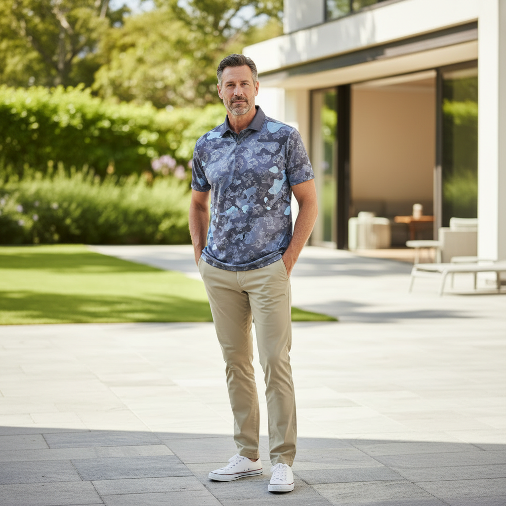 Middle-aged man wearing a short-sleeve polo shirt with a gray, black, and light blue camouflage with white carp graphic pattern, khaki pants, and white sneakers against a residential modern backyard setting.