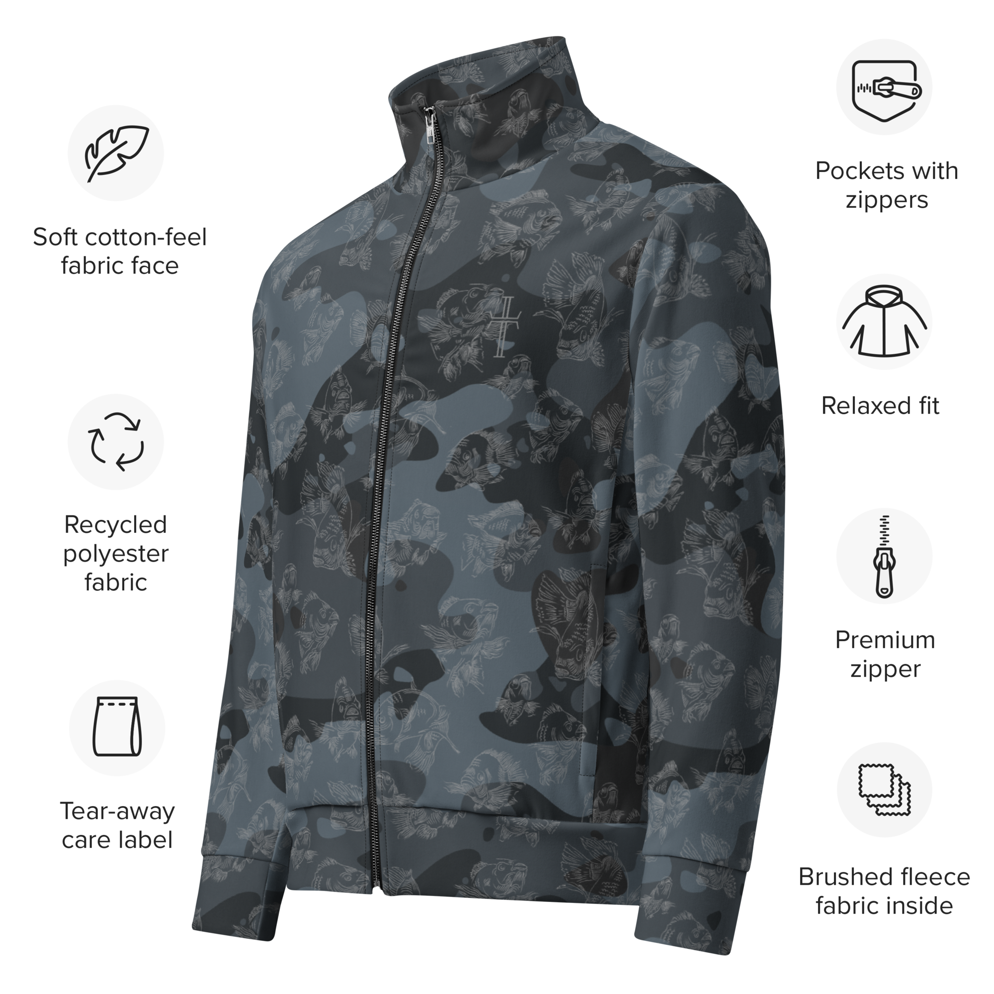 Camouflage jacket with features listed on a white background