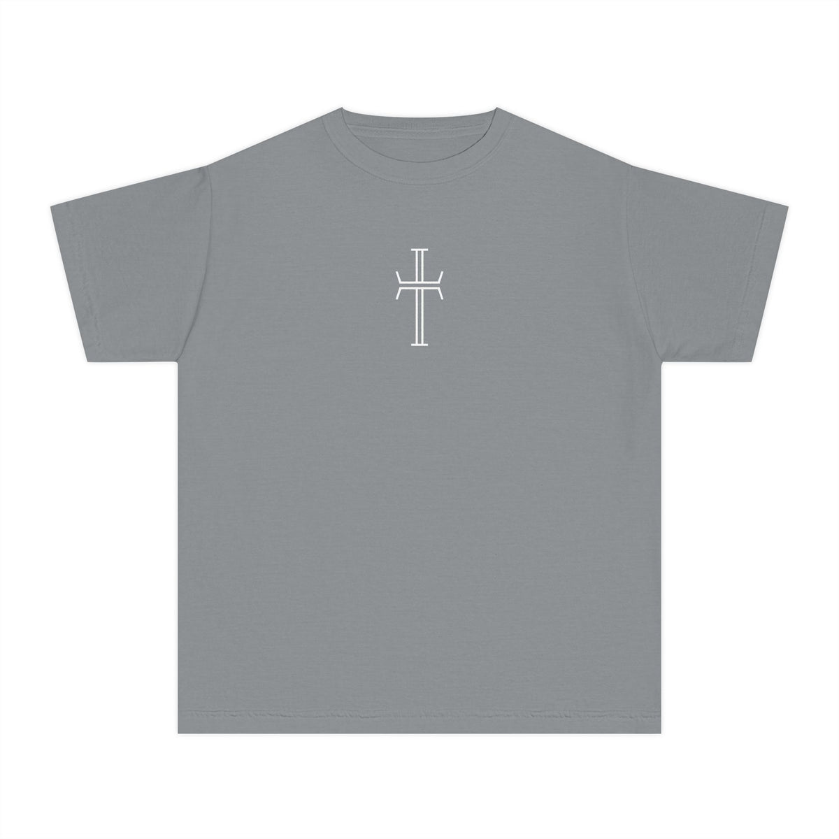 Graphite colored t-shirt with stylized gray cross against a white background
