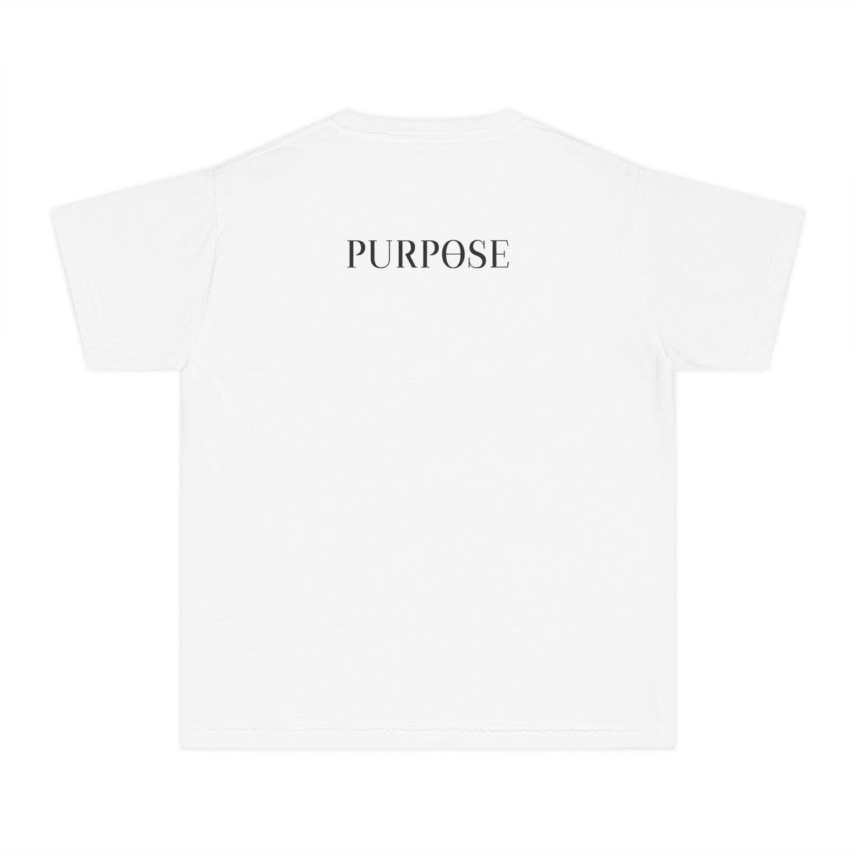 A white short-sleeve t-shirt shown from the back, featuring the word 'PURPOSE' printed in black serif capital letters centered on the upper back, set against a plain white background.