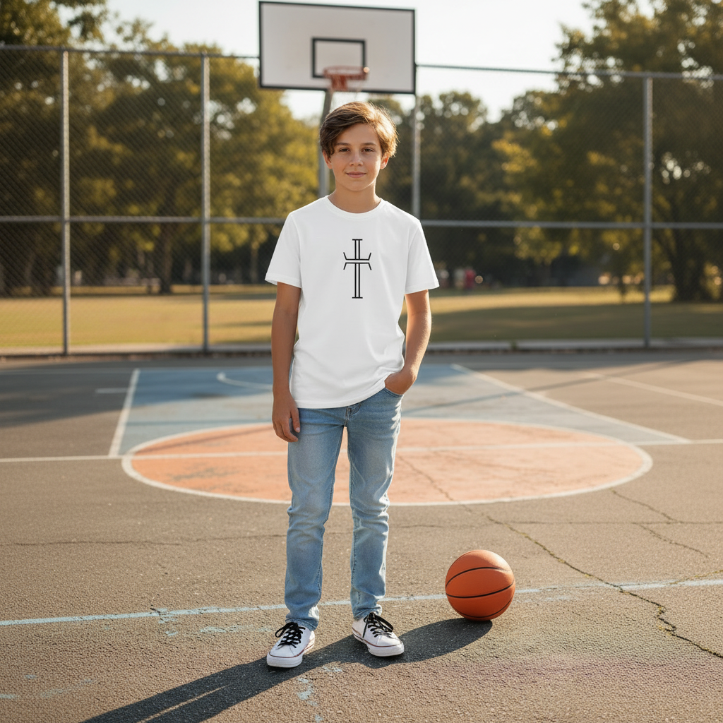 A young boy stands on an outdoor basketball court wearing a white crewneck t-shirt with a black cross graphic on the chest, paired with light blue jeans and white sneakers. A basketball is resting on the court next to him.